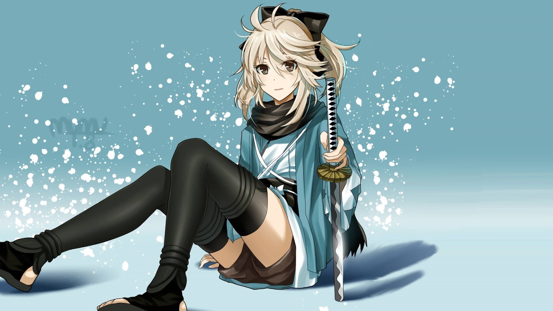 scarf, blond hair, Fate/Grand Order, 1080P, vitality, blue, clothing, thigh-highs, young adult, colored background, hairstyle, nature, Saber, katana, blue background, HD Wallpaper