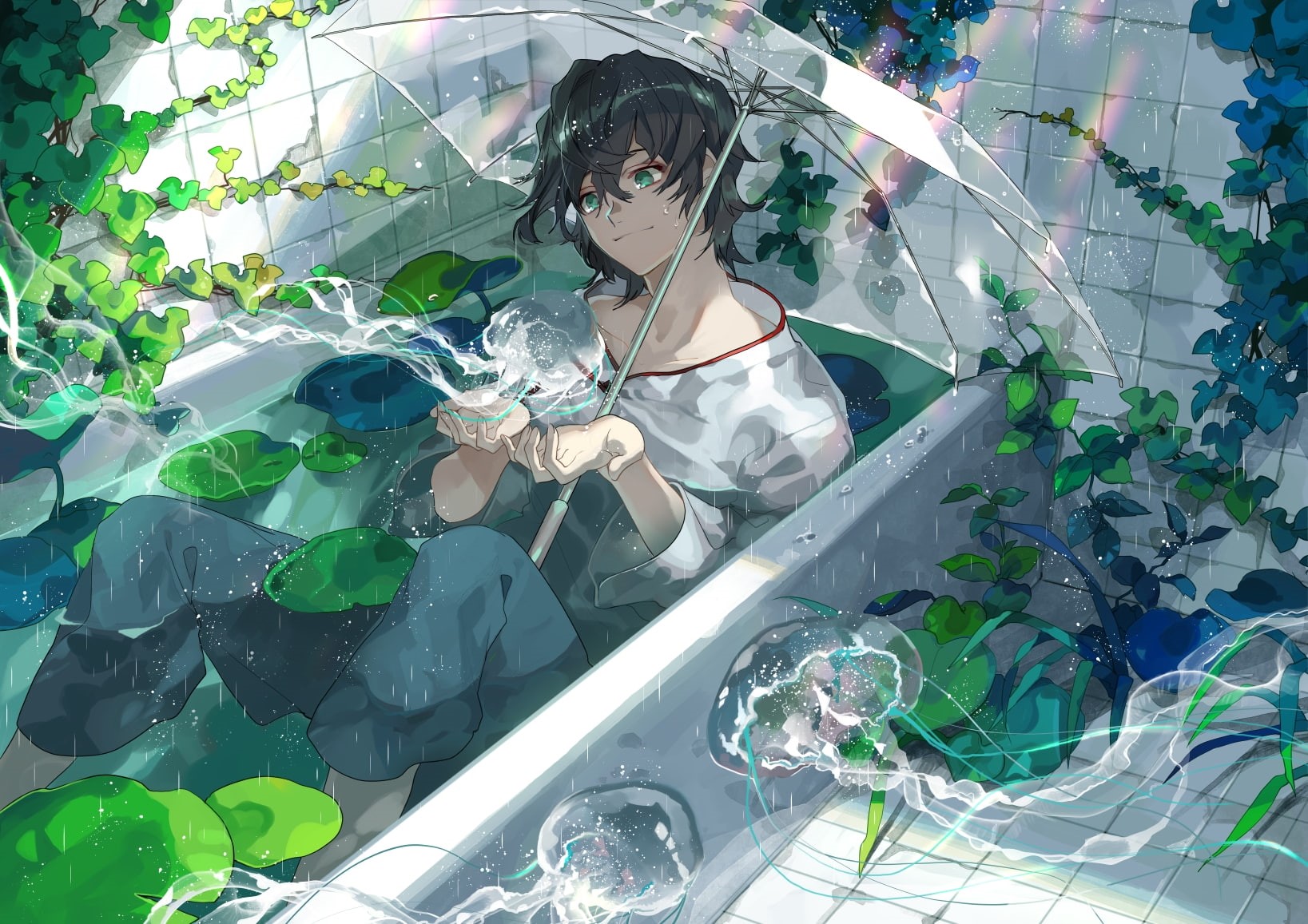 leaf, adult, young women, one person, nature, indoors, green leaves, bathtub, young adult, plant part, jellyfish, glass - material, lifestyles, digital composite, HD Wallpaper