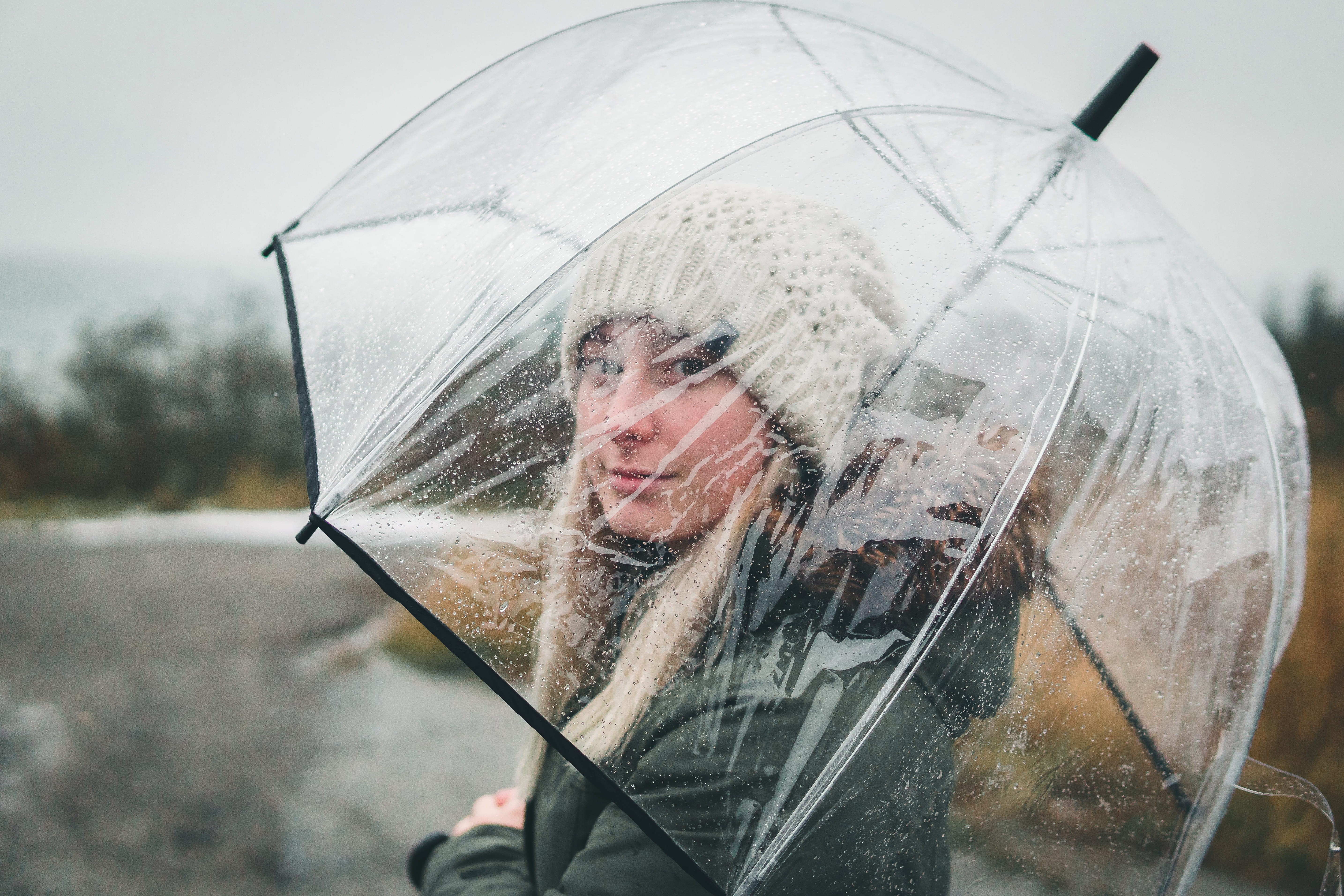 young adult, transparent, winter, focus on foreground, protection, person, clothing, blonde, wet, front view, rainy, portrait, 5K, glass - material, female, HD Wallpaper