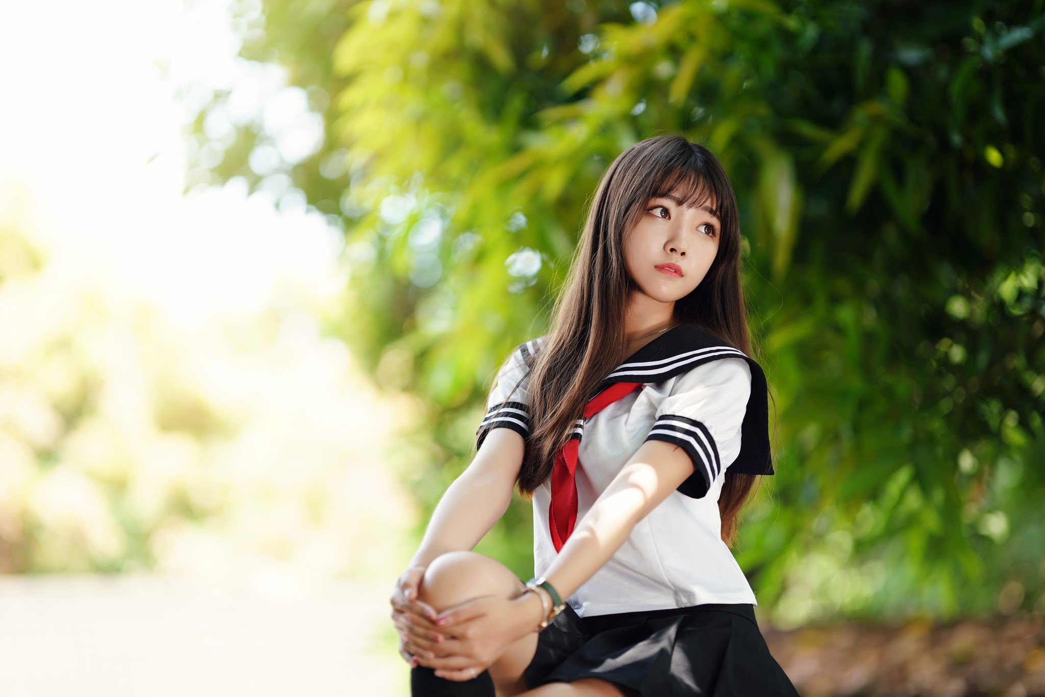 brunette, skirt, 1080P, women outdoors, looking away, sitting, sailor uniform, women, schoolgirl, model, depth of field, Asian, HD Wallpaper