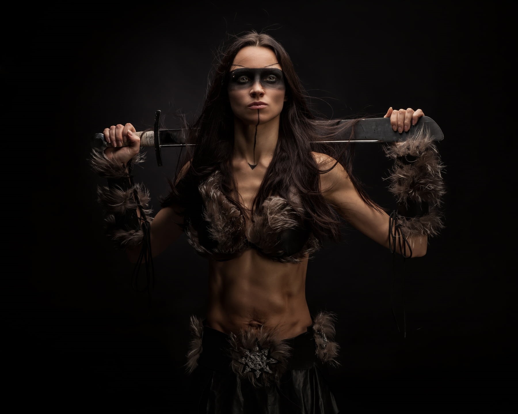 one person, warrior, black background, young adult, front view, fantasy girl, adult, studio shot, brown hair, beauty, hairstyle, indoors, portrait, women, HD Wallpaper