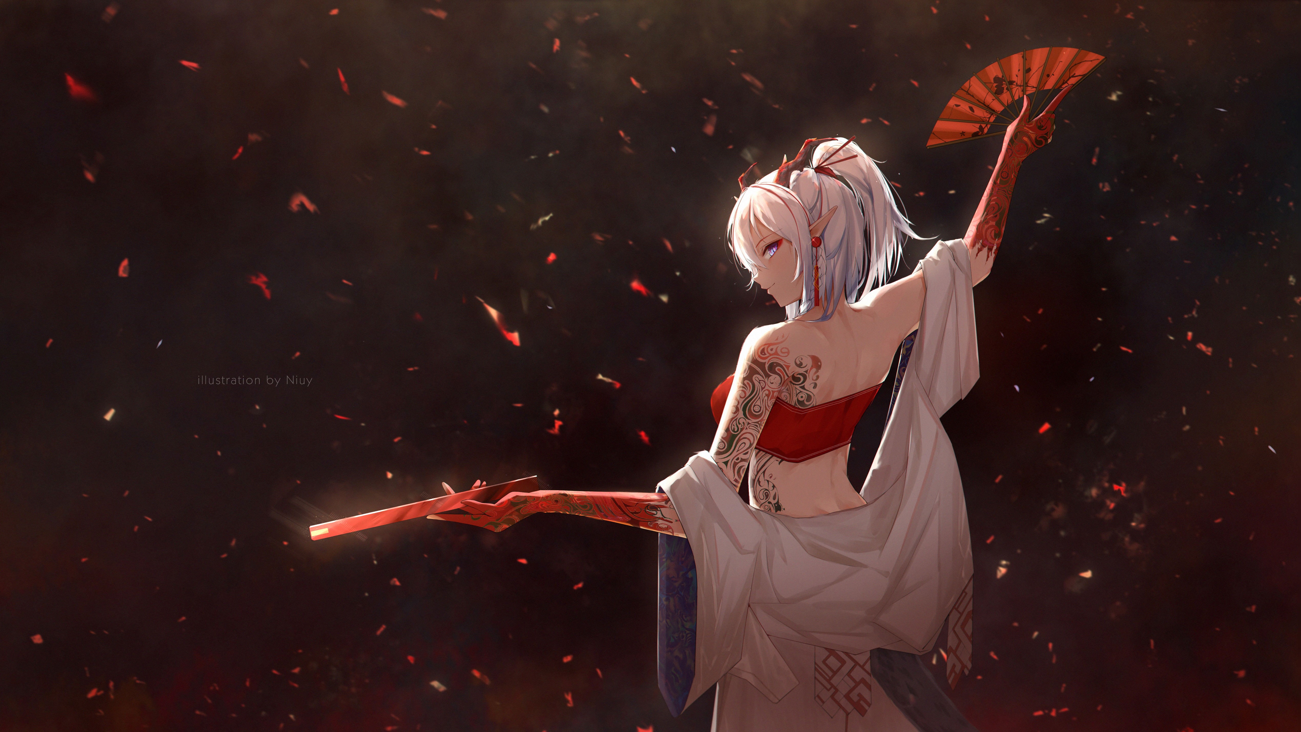 Nian(Arknights), hand fan, chinese new year, ponytail, pointy ears, horns, Chinese clothing, bare shoulders, back, anime, video games, earring, video game characters, HD Wallpaper