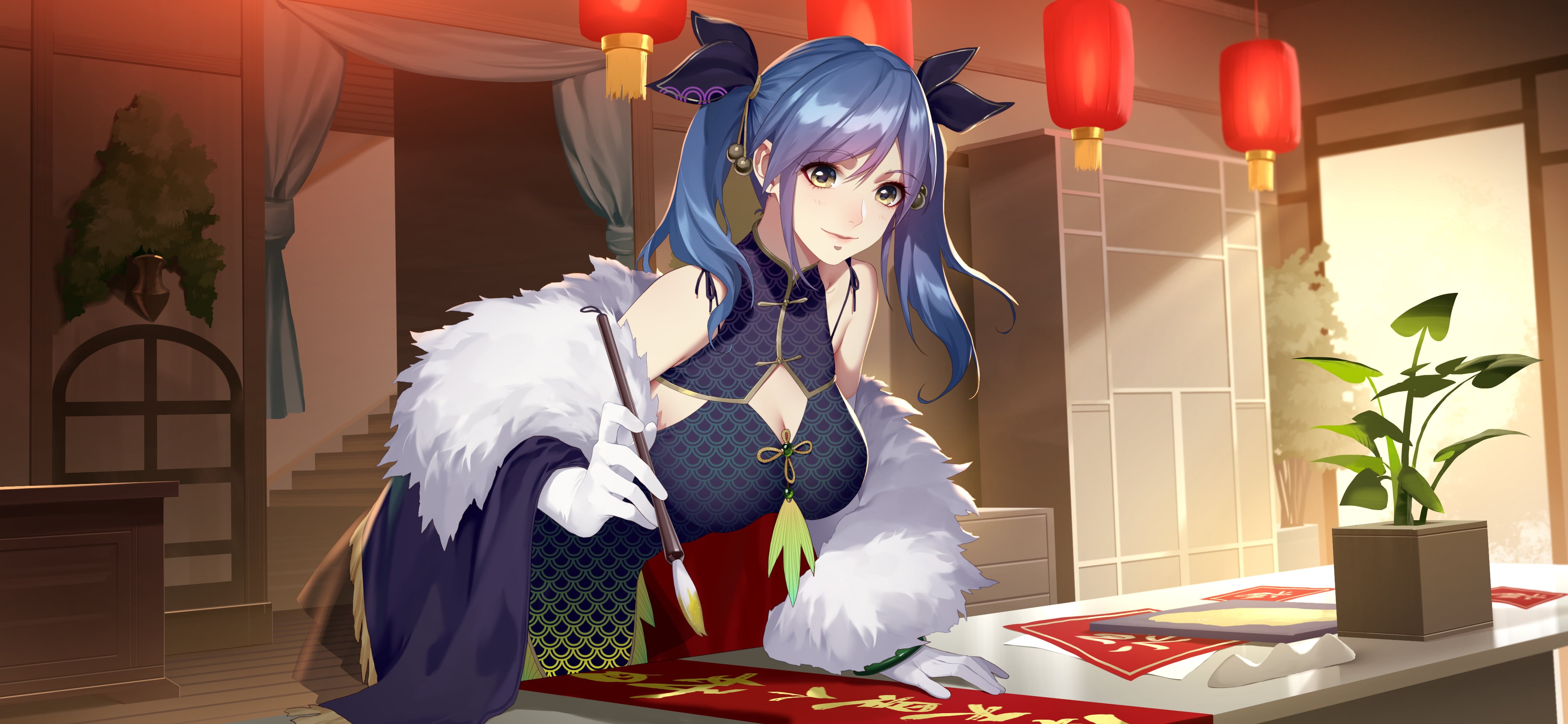 coats, drawing, gloves, brush, hair ornament, anime, original characters, white gloves, dress, Cheongsam, blue hair, 2D, Thankstar404, hair bows, smiling, HD Wallpaper