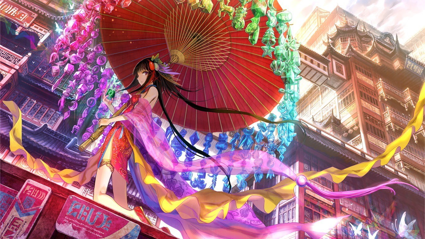 Fuji Choko, colorful, city, original characters, anime, fuzichoco, rainbows, umbrella, butterfly, traditional clothing, anime girls, artwork, 720P, Chinese dress, HD Wallpaper