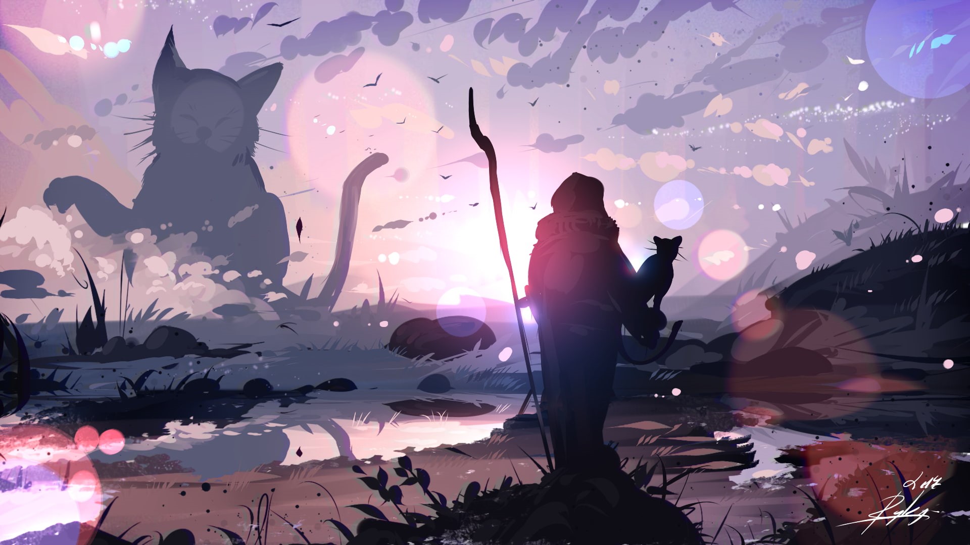 digital art, ryky, giant, cat, landscape, 1080P, fantasy art, HD Wallpaper