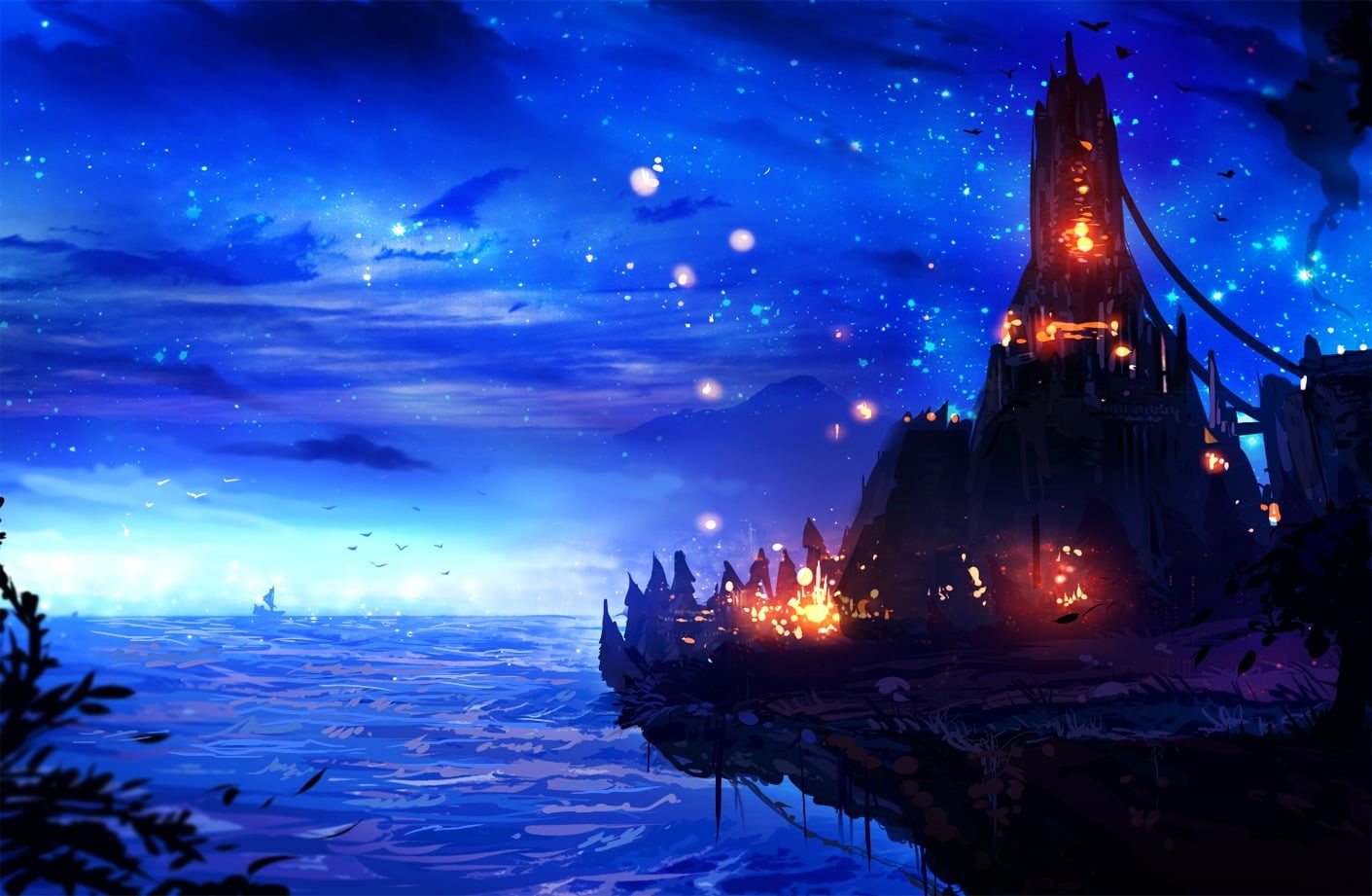 night, building exterior, architecture, 720P, illuminated, no people, built structure, castle, water, ryky, blue, coast, dusk, city, digital art, cold temperature, HD Wallpaper