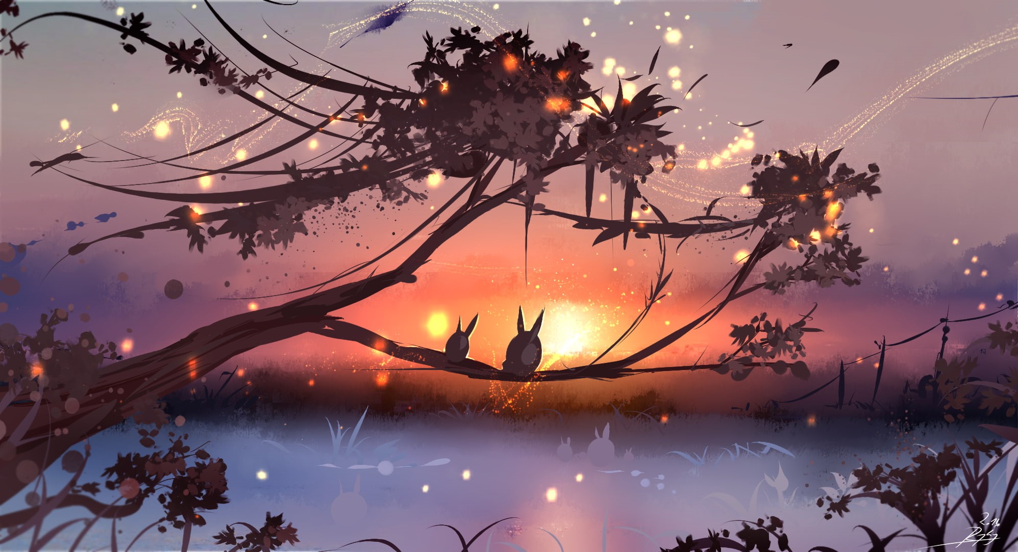 depth of field, tranquility, 1080P, idyllic, plant, digital art, sunset, no people, reflection, sky, tree, digital composite, painting, illuminated, lighting equipment, HD Wallpaper