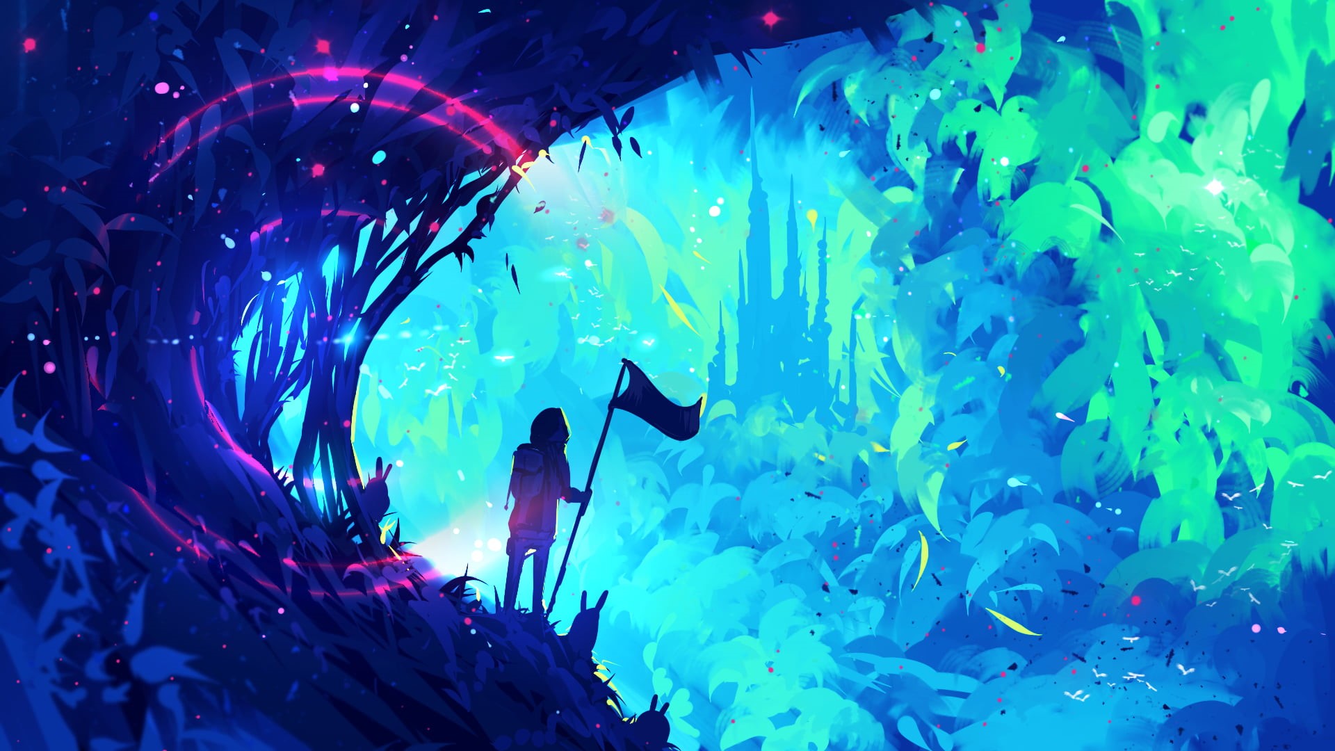 birds, digital art, forest, 1080P, flag, castle, fantasy art, cyan, DeviantArt, ryky, HD Wallpaper