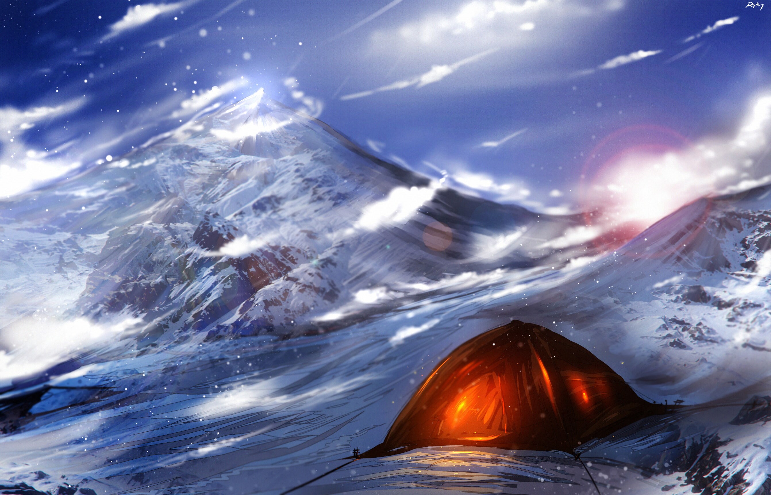 tent, art, mountains, ryky, light, 2K, HD Wallpaper