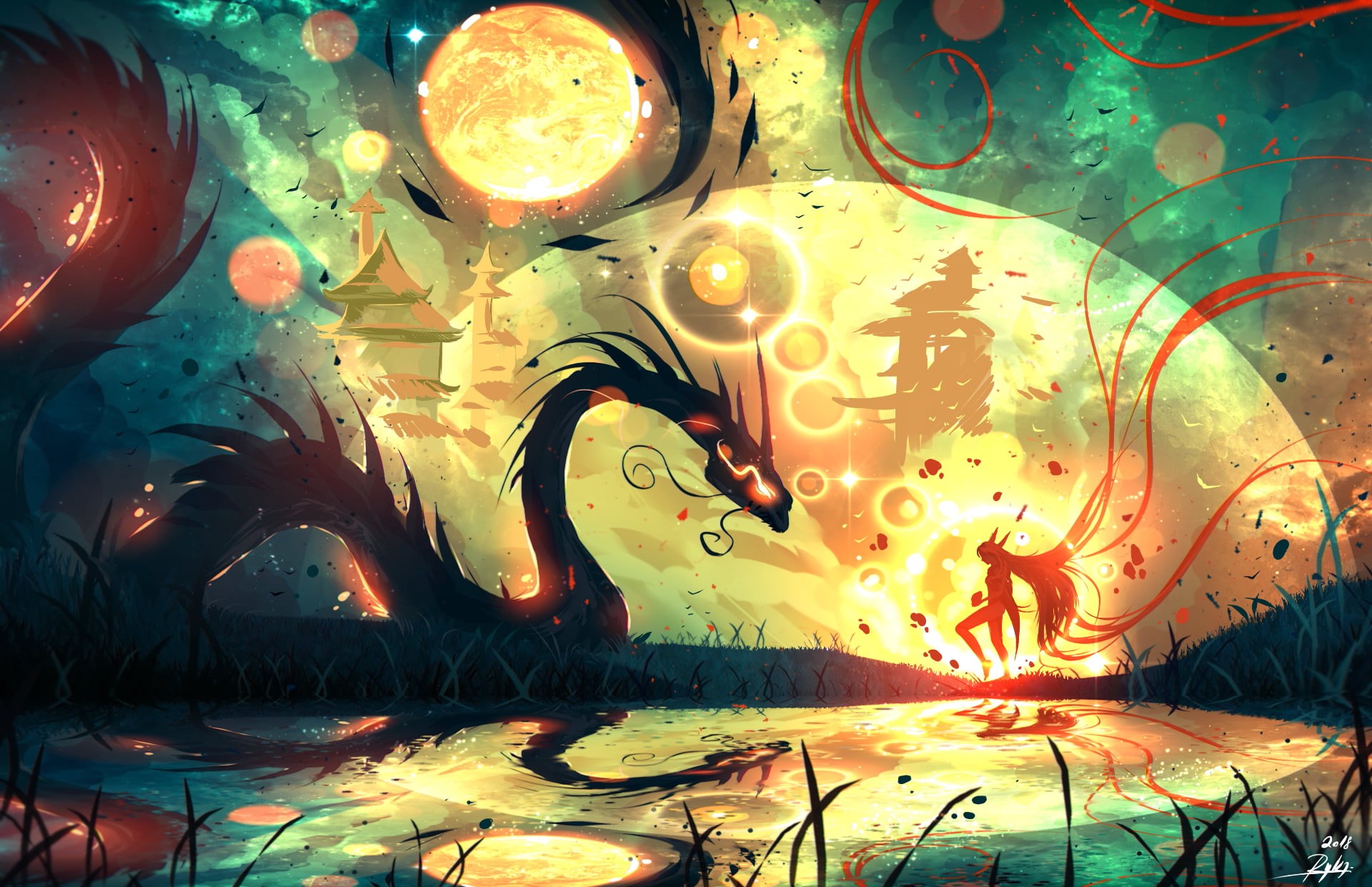 Asian architecture, ryky, fantasy art, women, dragon, digital art, 1080P, HD Wallpaper