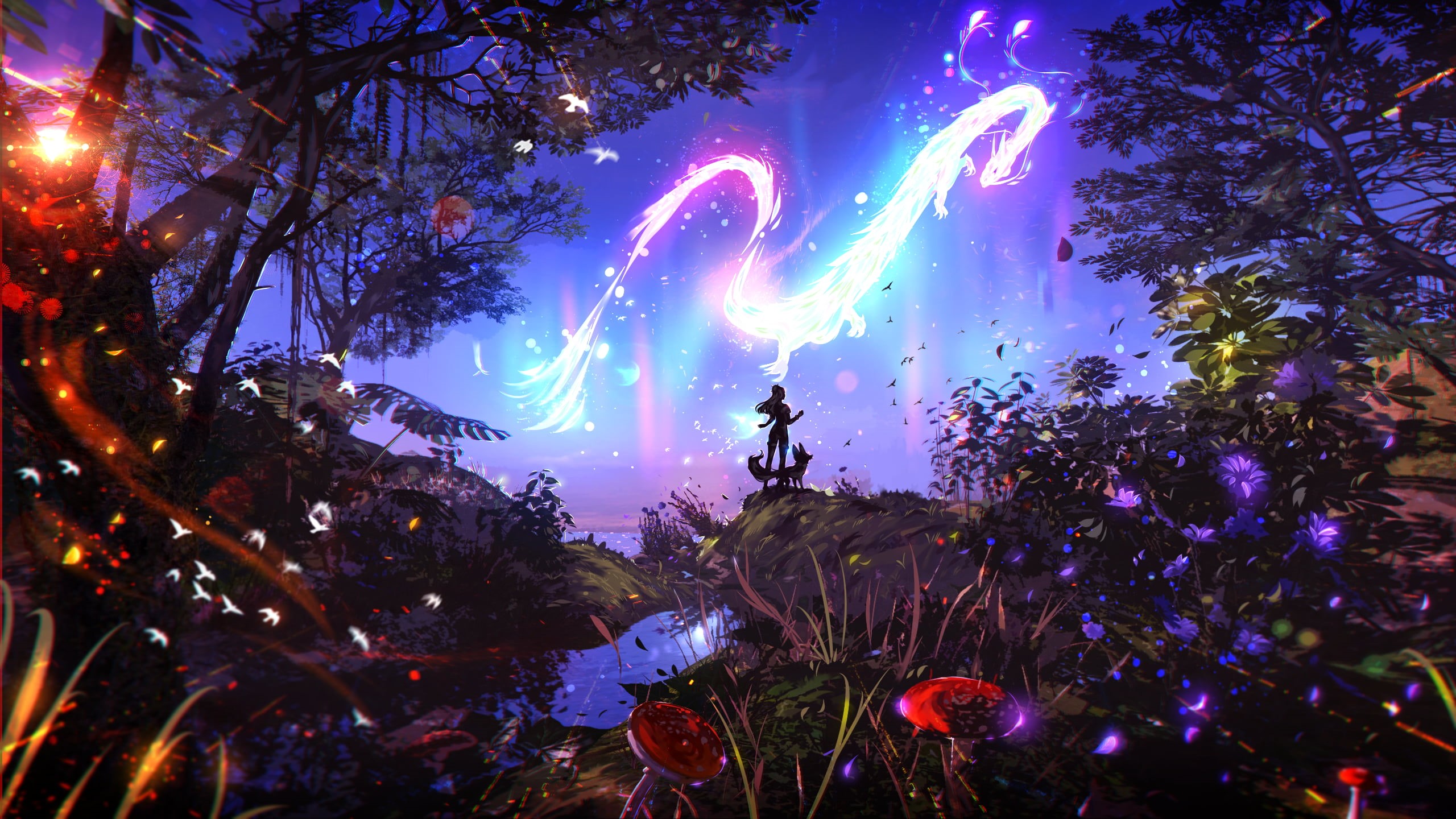 bokeh, birds, 2K, digital art, dragon, women, fox, forest, ryky, flowers, mushroom, HD Wallpaper