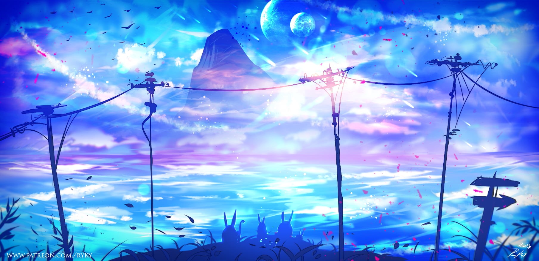 720P, birds, fantasy art, ryky, sign, power lines, mountains, HD Wallpaper
