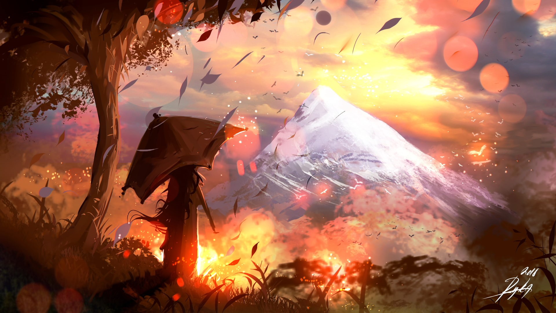 mountains, umbrella, fantasy art, 1080P, trees, ryky, artwork, digital art, painting, HD Wallpaper
