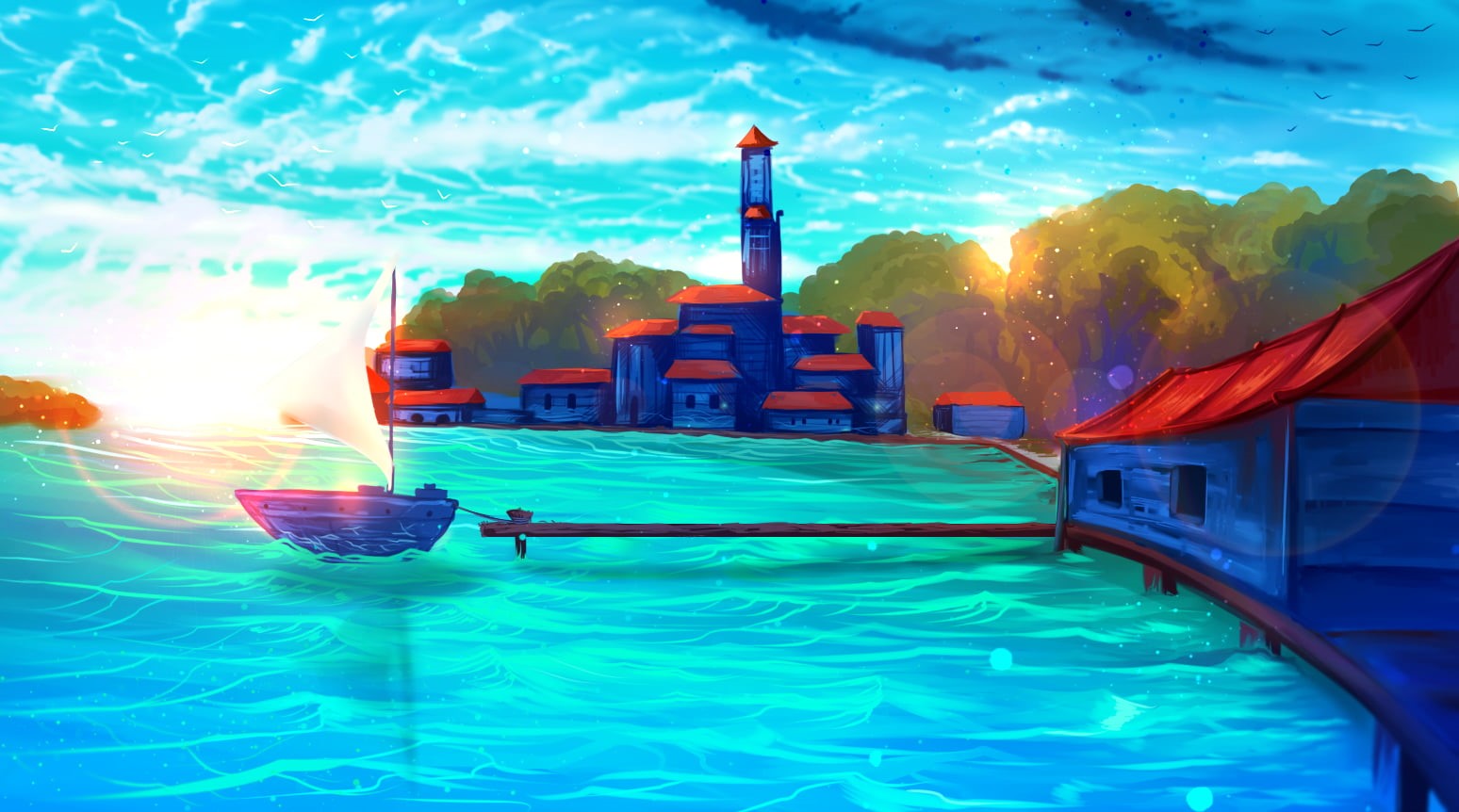 sea, 720P, lighthouse, pier, ryky, boat, village, HD Wallpaper