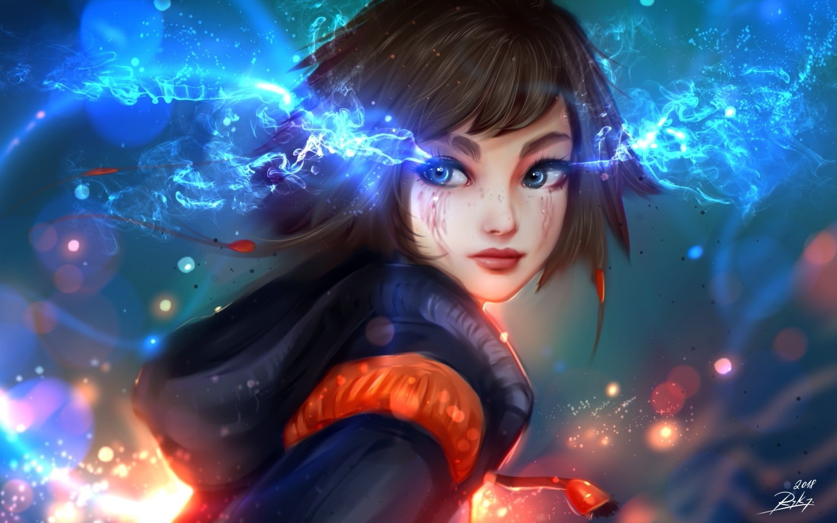 fantasy, ryky, blue, girl, orange, Magic, 720P, luminos, HD Wallpaper