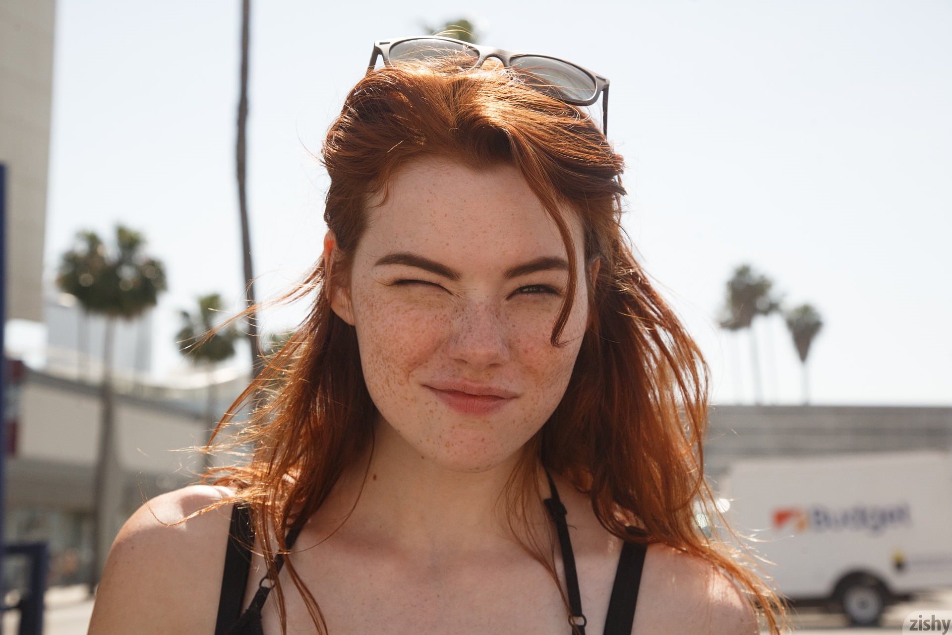 redhead, sunglasses, lifestyles, one person, hair, beautiful woman, women, freckles, face, outdoors, model, front view, brown hair, leisure activity, portrait, HD Wallpaper