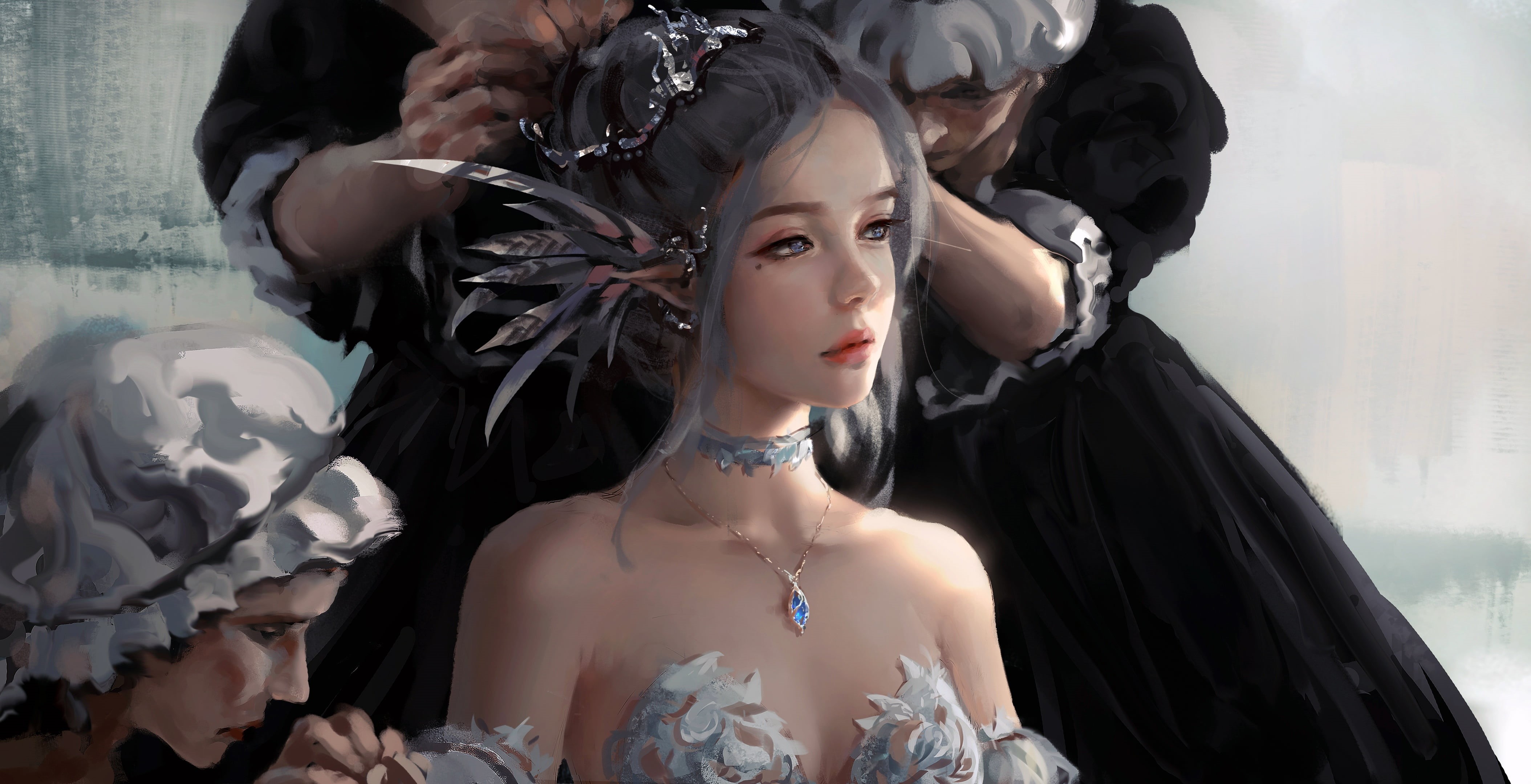 face, diadem, elf, sapphire, looking away, lips, mouth, Wlop, waitress, during, fantasy art, digital art, painting art, strapless, bare shoulders, situation, HD Wallpaper