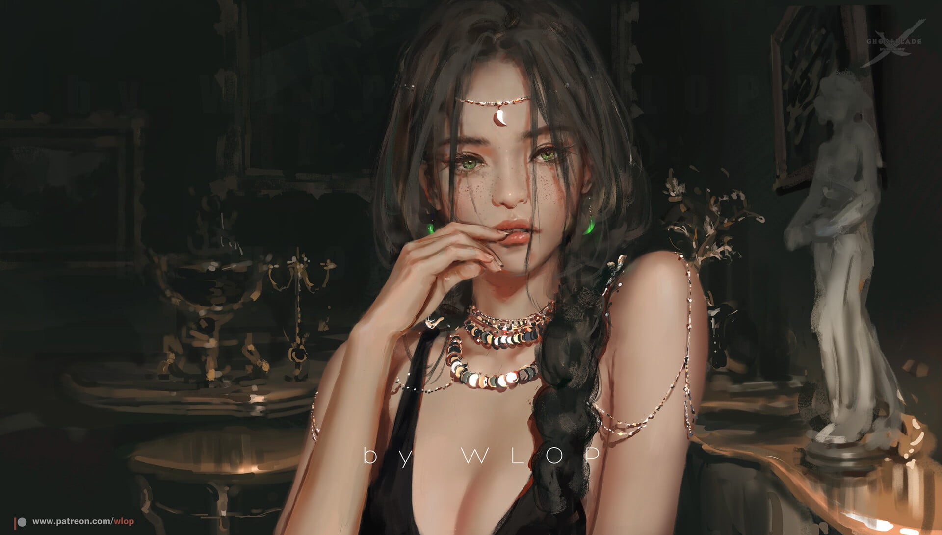 women indoors, 1080P, brunette, WLOP, necklace, fantasy art, artwork, fantasy girl, women, green eyes, HD Wallpaper