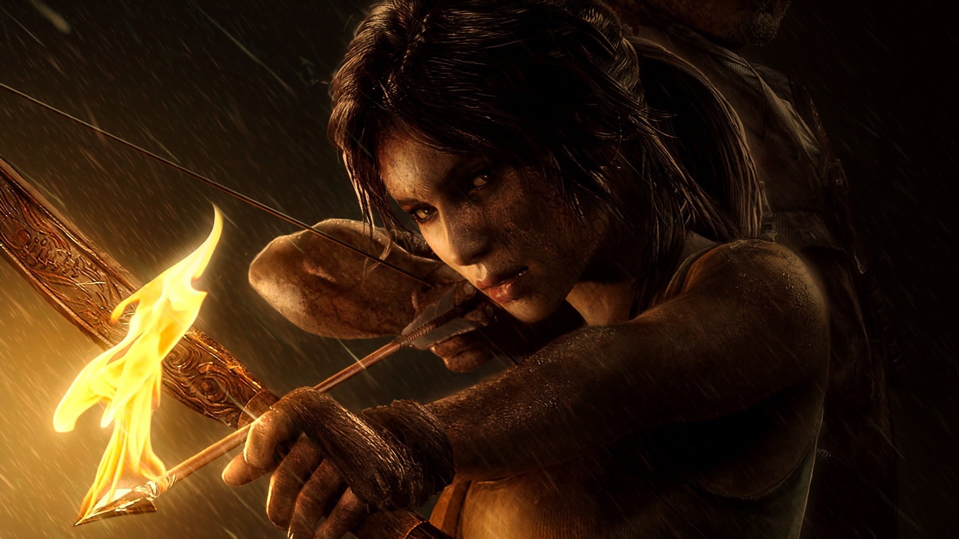 holding, video games, Tomb Raider, bow, 1080P, young adult, illustration, woman, fire - natural phenomenon, leisure activity, lifestyles, burning, indoors, HD Wallpaper