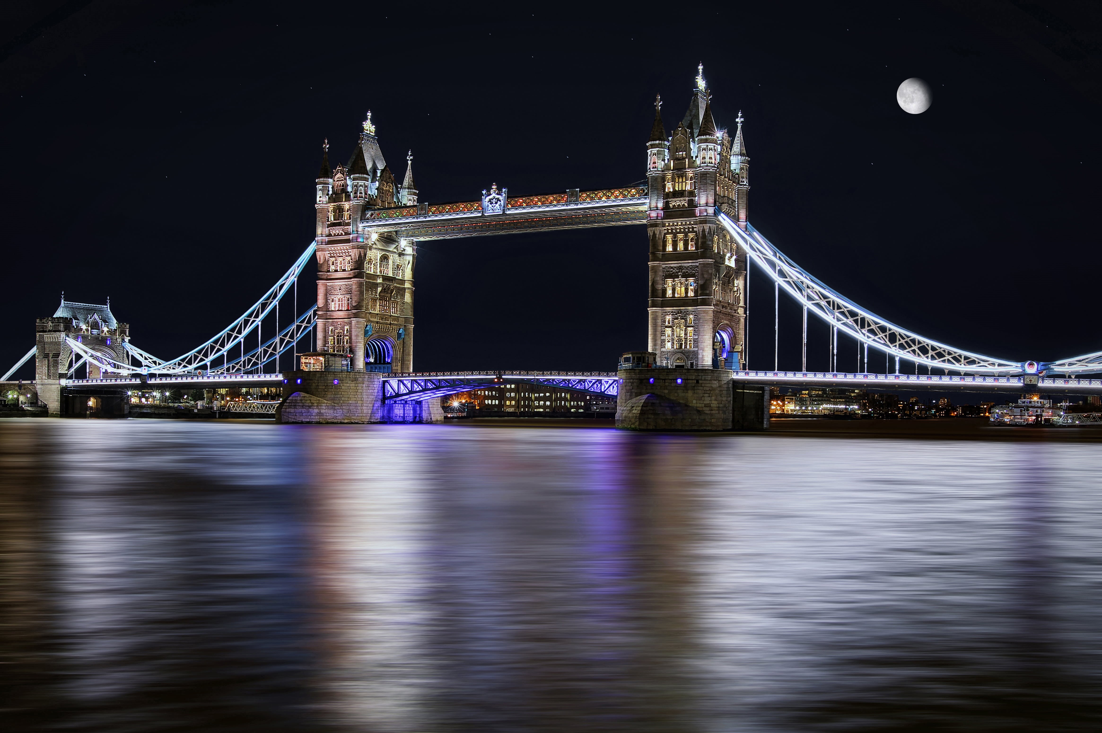 high dynamic range, england, array, Tower Bridge, drawbridge, river, capital Cities, Bridge  Tower, com, motion blur, history, travel photography, nightime, HD Wallpaper