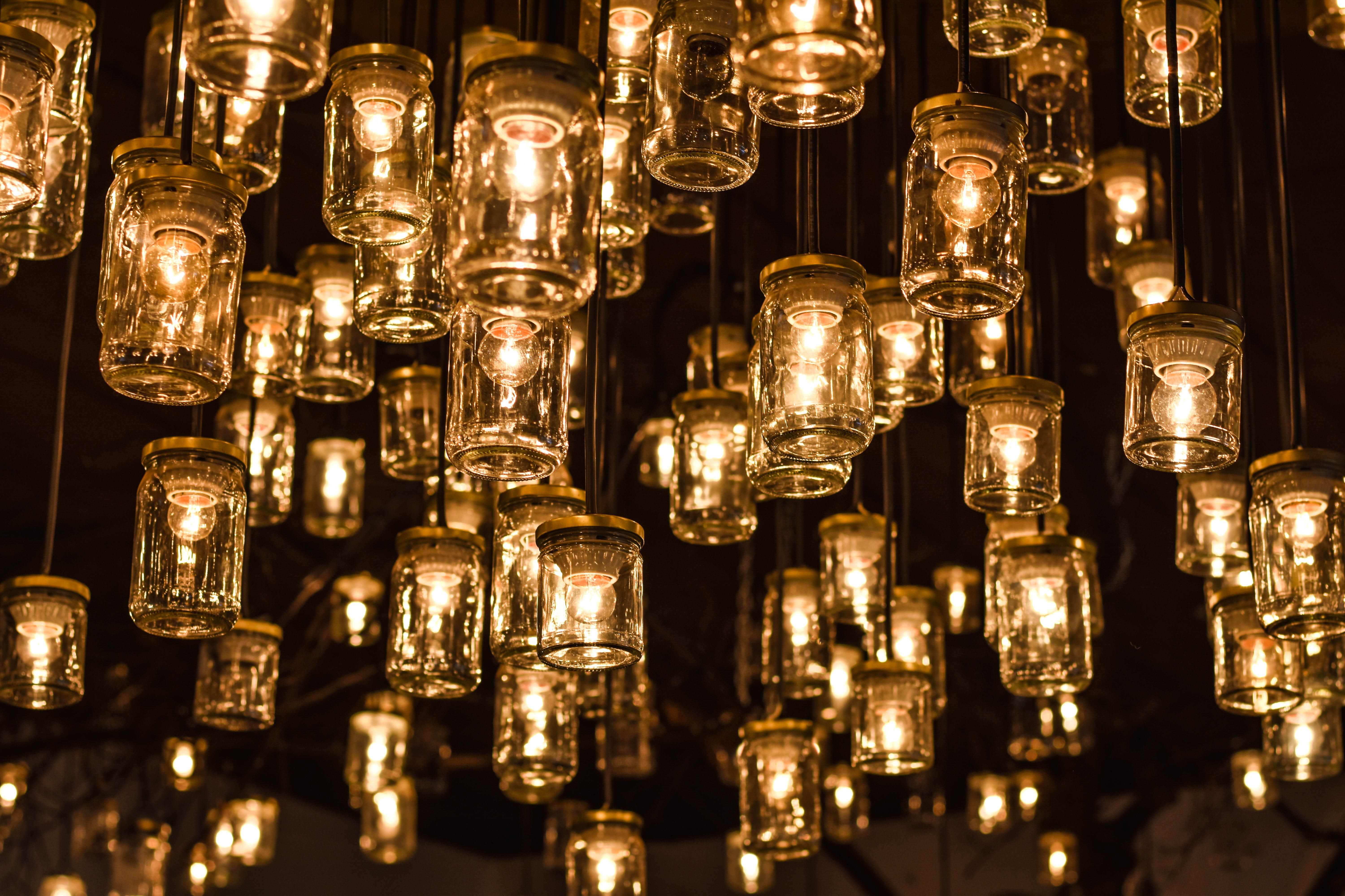 abundance, luxury, photography, clear, full frame, lighting equipment, shiny, jars, large group of objects, energy, 5K, electricity, lights, bulbs, pattern, HD Wallpaper