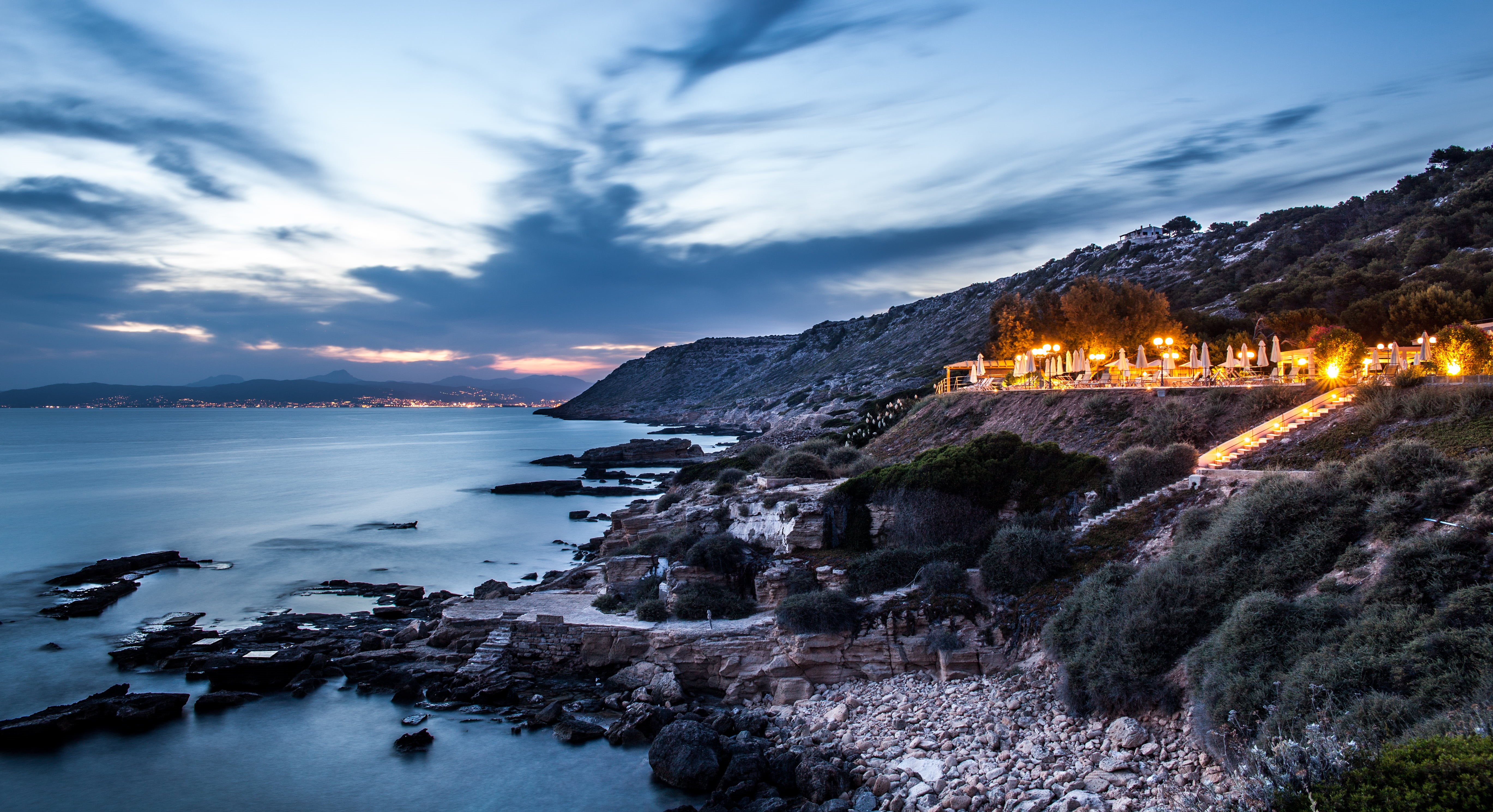 coastline, 5K, body of water, Sunset, mountain, night, gray mountain, dusk, en, gray, photo, sea, nightime, Mallorca, Canon  5D  MKii, europe, las, body, HD Wallpaper