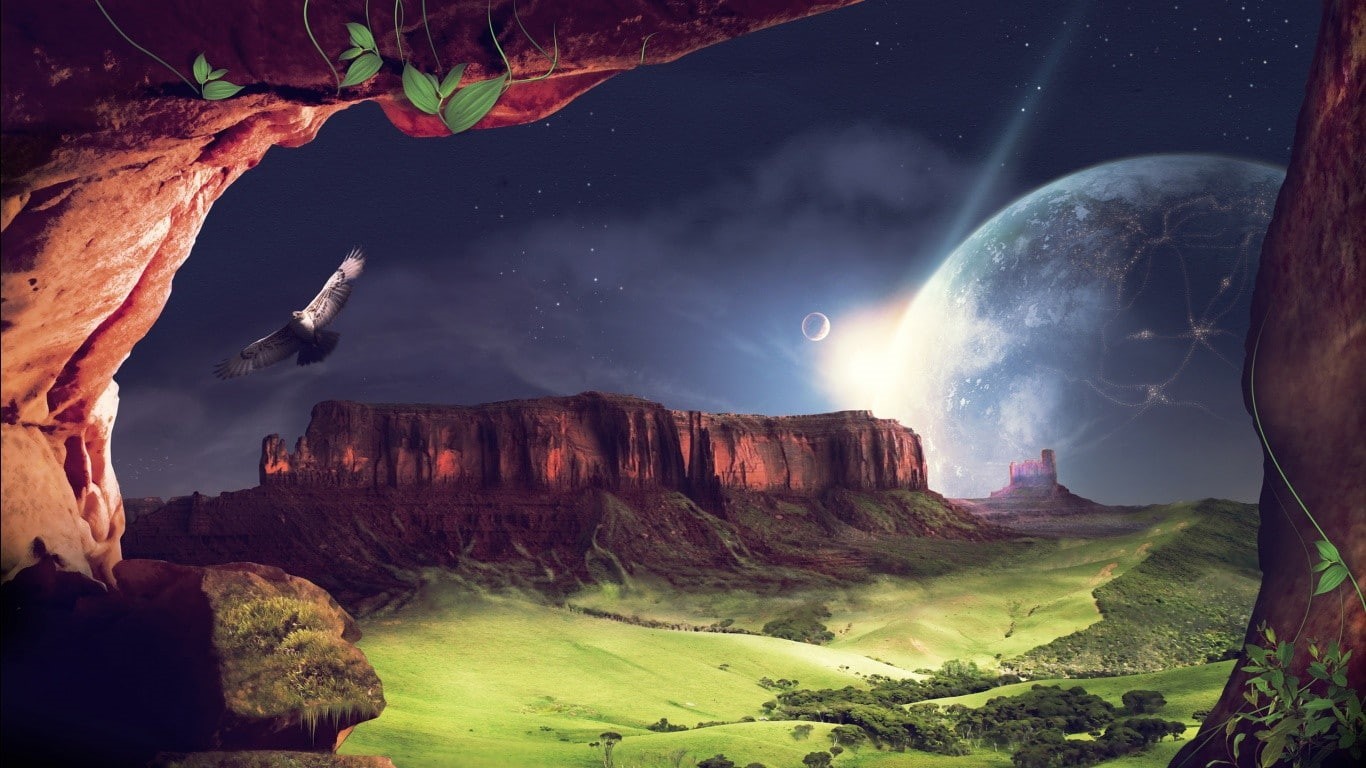 night, painting, stars, moon, nature, 720P, mountain, nightime, brown, rock, bird, HD Wallpaper