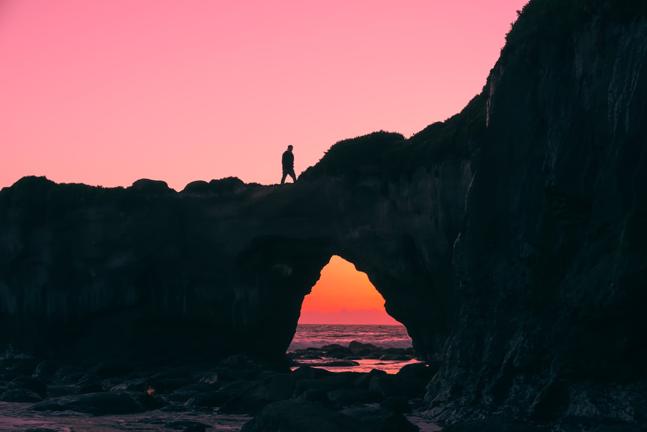 outdoors, pacific, man, beauty in nature, sunset, scenics - nature, sky, bridge, desktop, orange, tranquility, arch, real people, orange color, HD Wallpaper