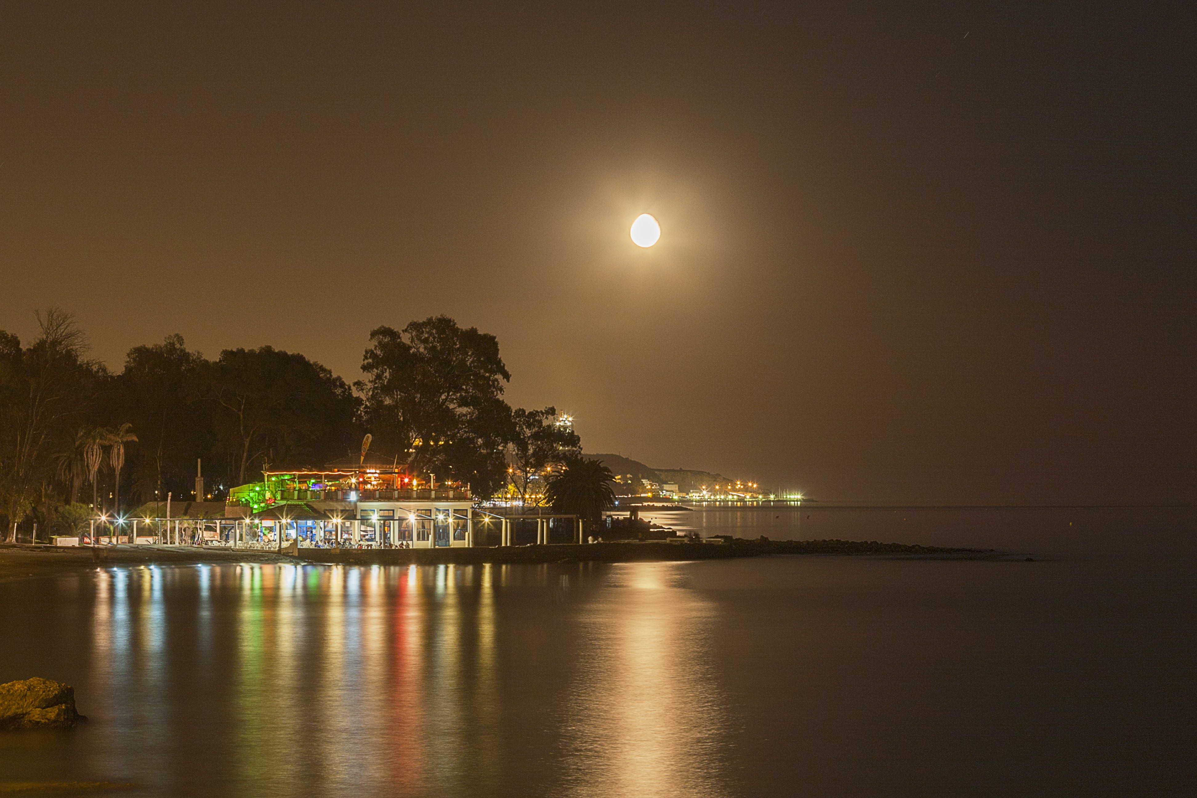 moon, night, water, near, waterfront, white, lights, concrete, plant, rock, málaga, dark, city, sky, tranquil scene, calm, beauty in nature, nocturna, luna, HD Wallpaper