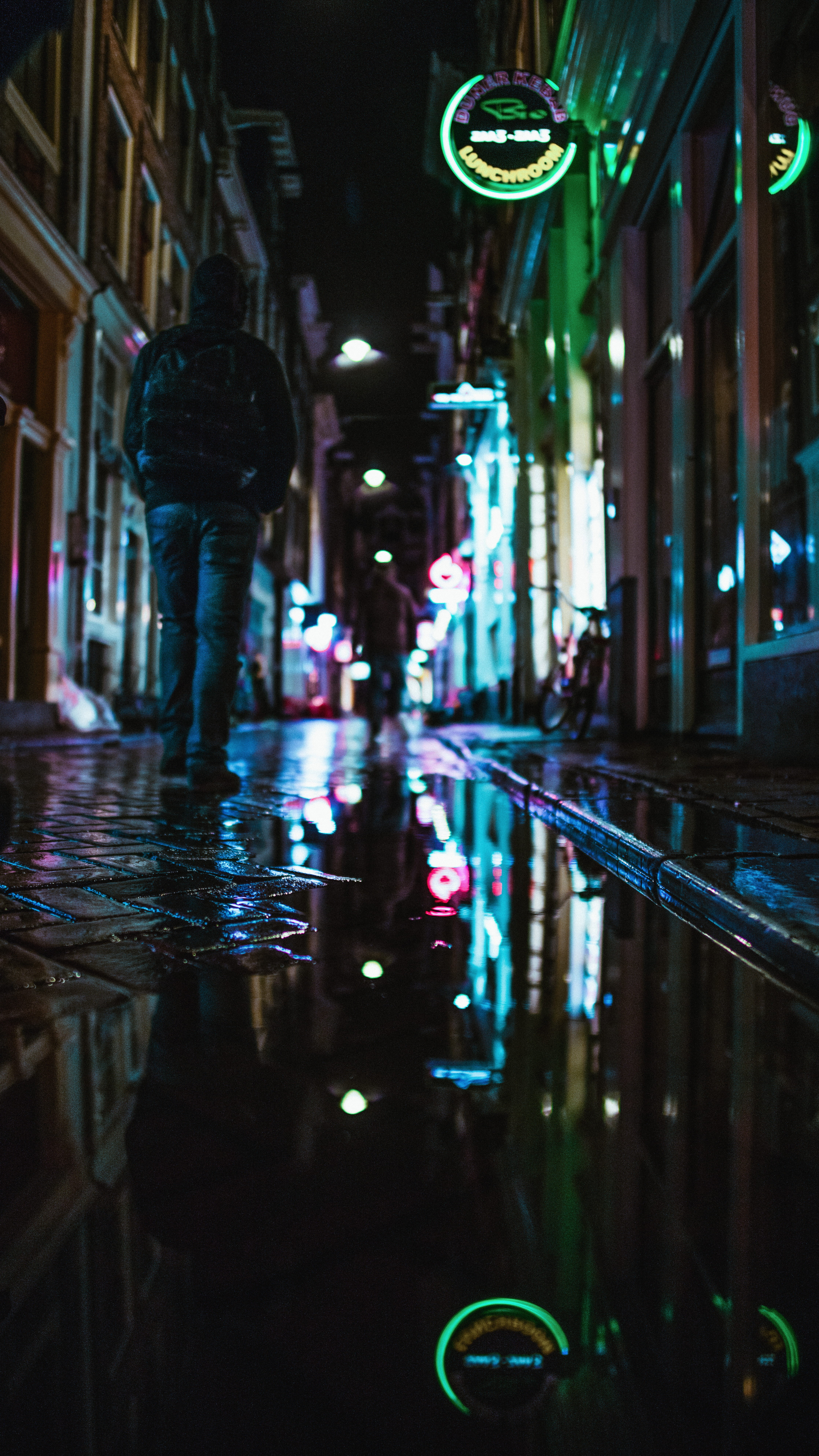 building, hallway, architecture, nature, neon light, night, wet pavement, jacket, solitude, puddle, light, rainy season, built structure, puddle relfection, Phone HD Wallpaper