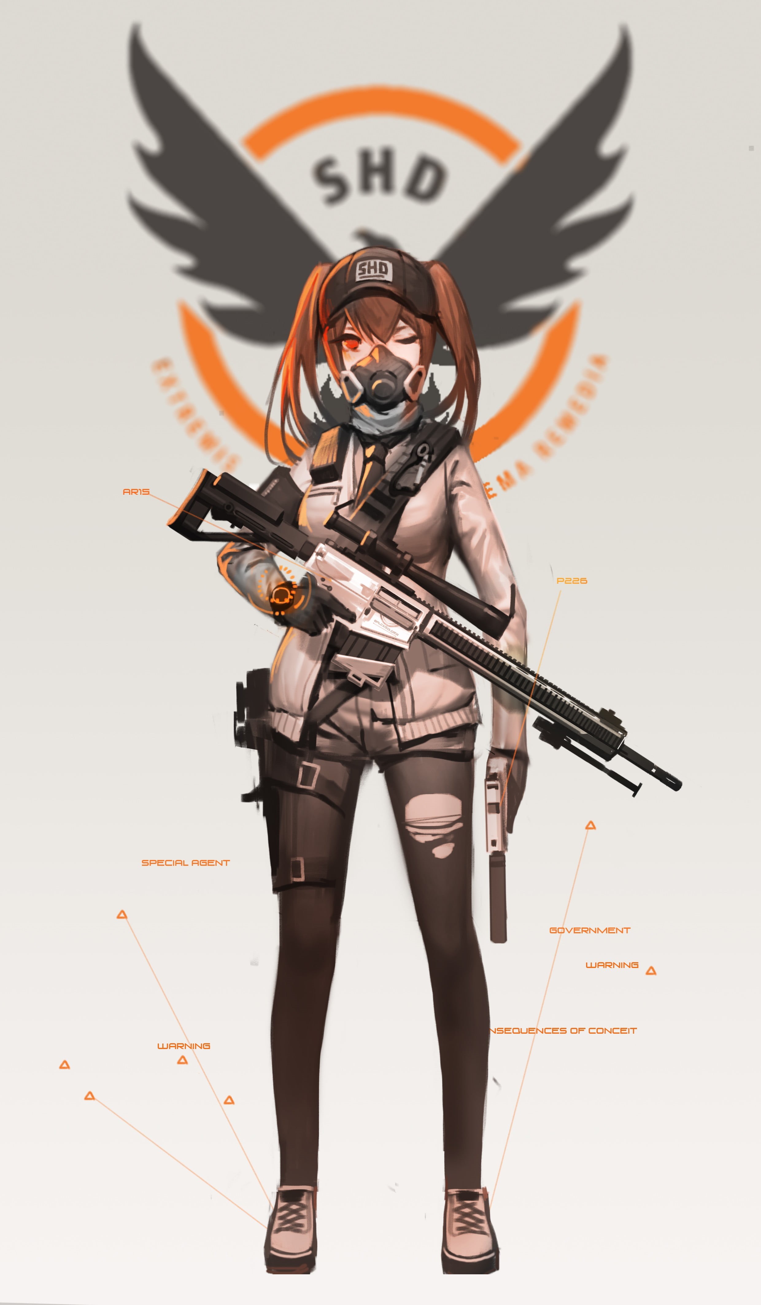 full length, anime girls, studio shot, long hair, holding, rifle, brunette, clothing, sniper rifle, aggression, machinery, cut out, anime, red eyes, conflict, Phone HD Wallpaper