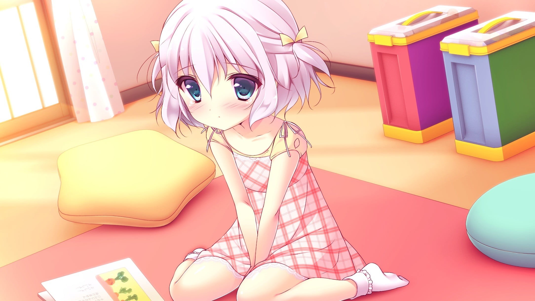 one person, dress, girl, hair, women, females, multi colored, short hair, portrait, pink, Zutto Sukishite Takusan Sukishite, blue eyes, socks, looking at camera, HD Wallpaper