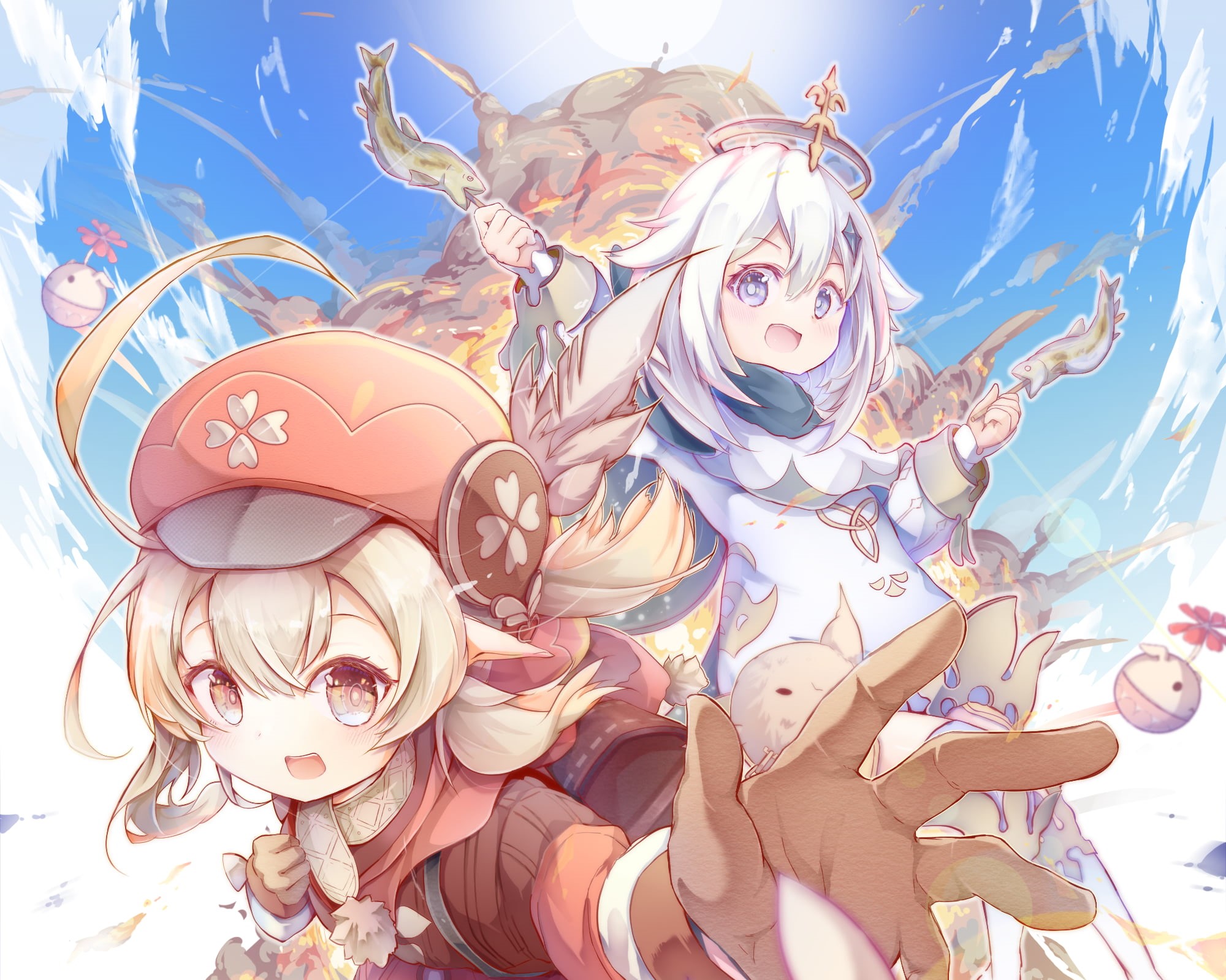 chibi, artwork, 1080P, fan art, Paimon(Genshin Impact), video game girls, Video Game Creatures, Genshin Impact, video game characters, Klee (Genshin Impact), HD Wallpaper