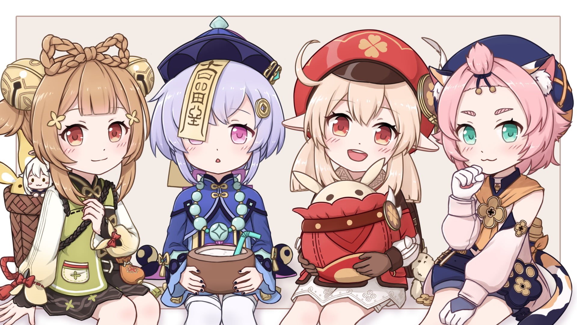 bun bun, short hair, ghost girl, Diona (Genshin Impact), pink hair, red eyes, Yaoyao (Genshin Impact), Qiqi (Genshin Impact), blue eyes, anime, pink eyes, HD Wallpaper