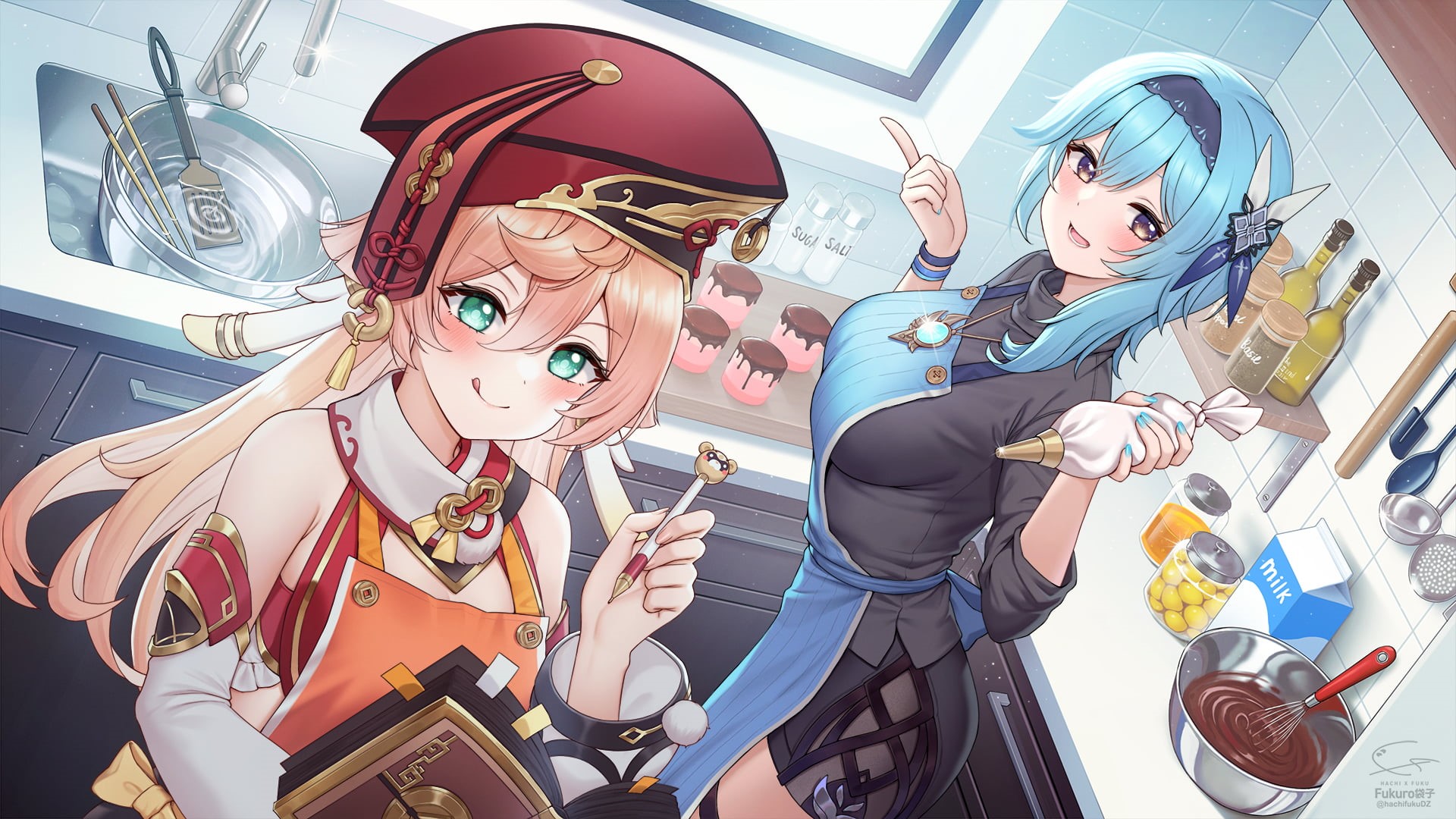 Genshin Impact, anime girls eating, 1080P, Eula(Genshin impact), Yanfei (Genshin Impact), HD Wallpaper