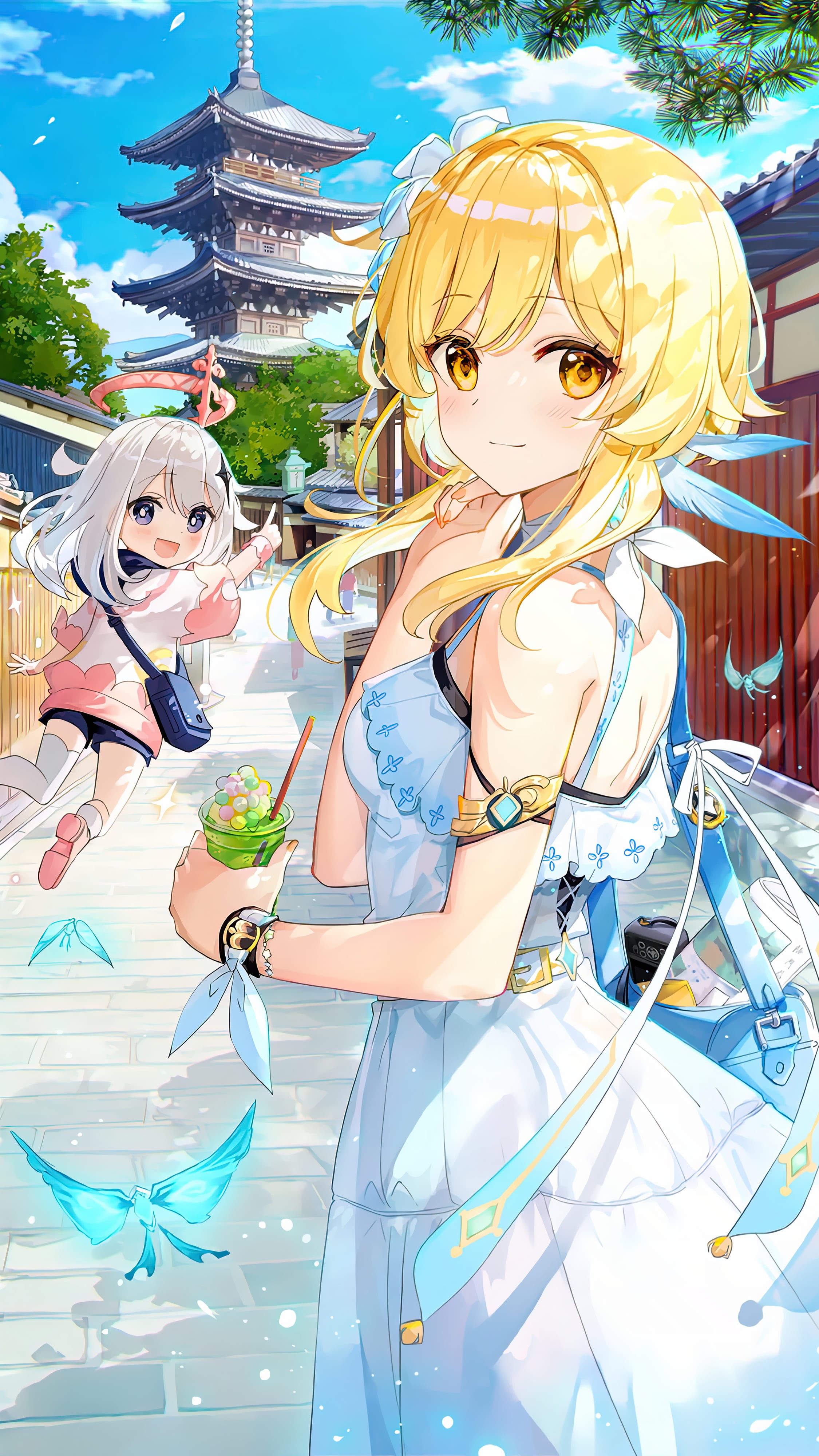 Genshin Impact, 4K, anime girls, Lumine (Genshin Impact), Paimon(Genshin Impact), Phone HD Wallpaper