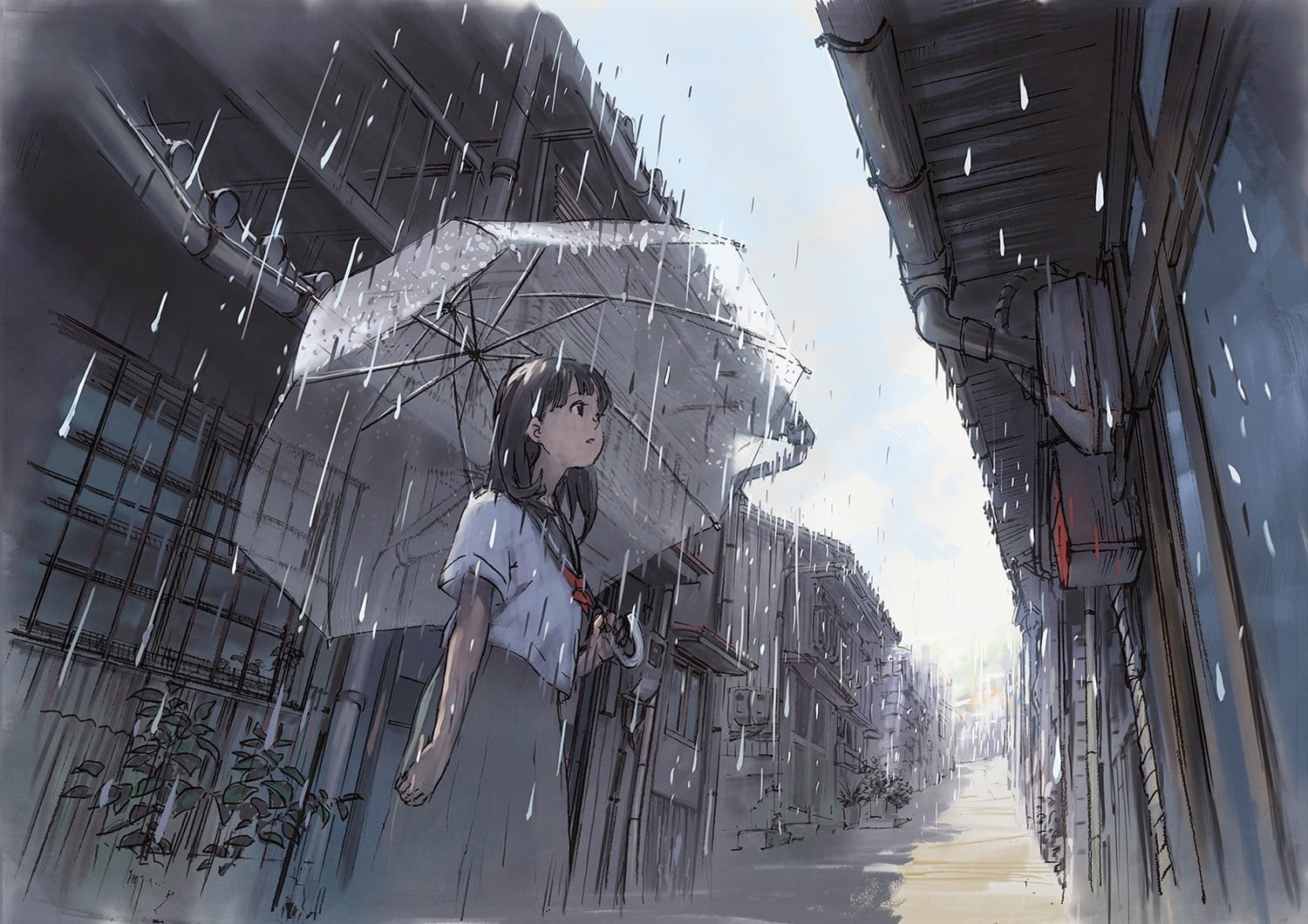 rain, mode of transportation, anime girls, front view, nature, women, lifestyles, 720P, umbrella, day, architecture, land vehicle, adult, young men, young women, HD Wallpaper