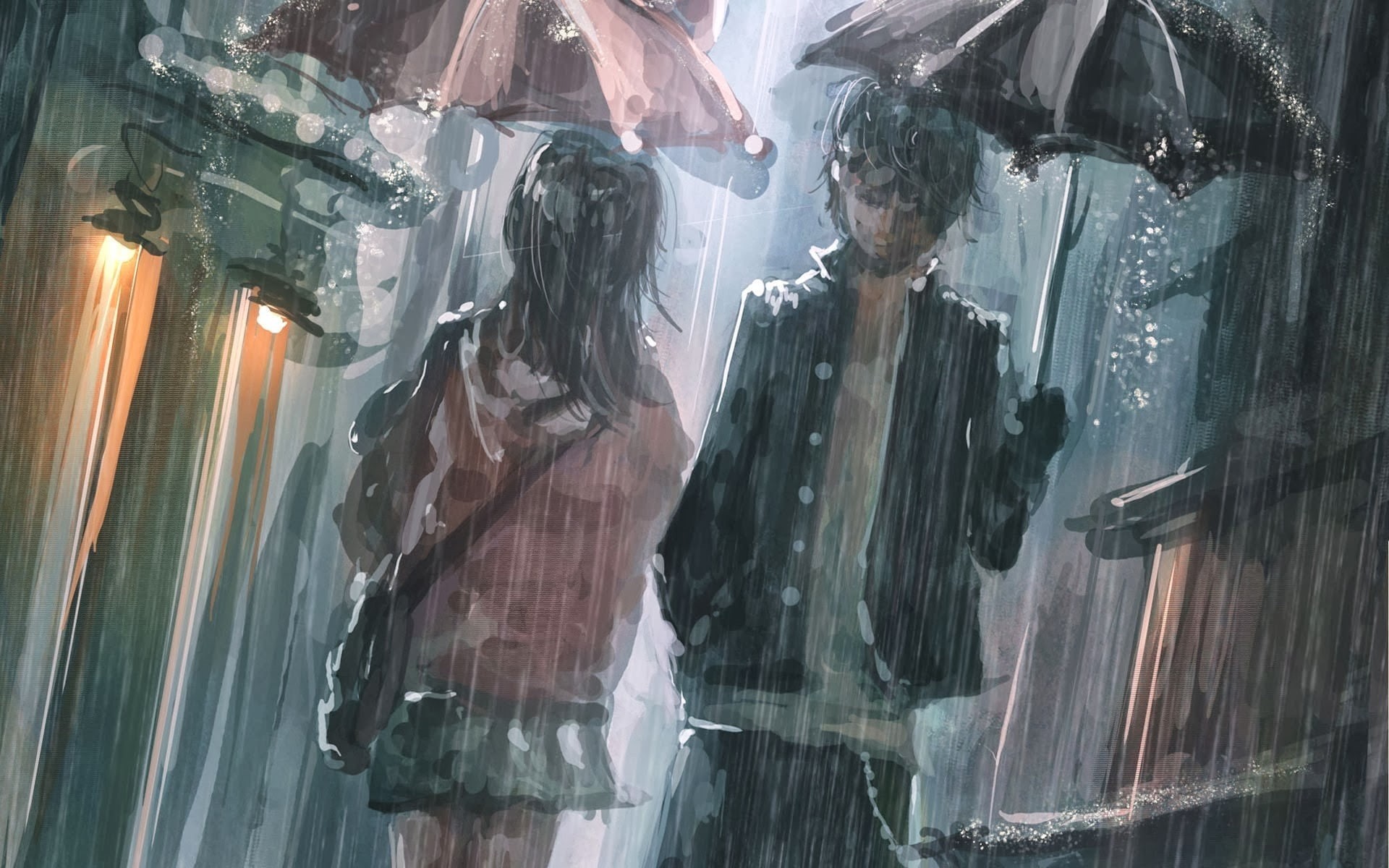 anime, artwork, anime boys, rain, umbrella, 1080P, street, HD Wallpaper