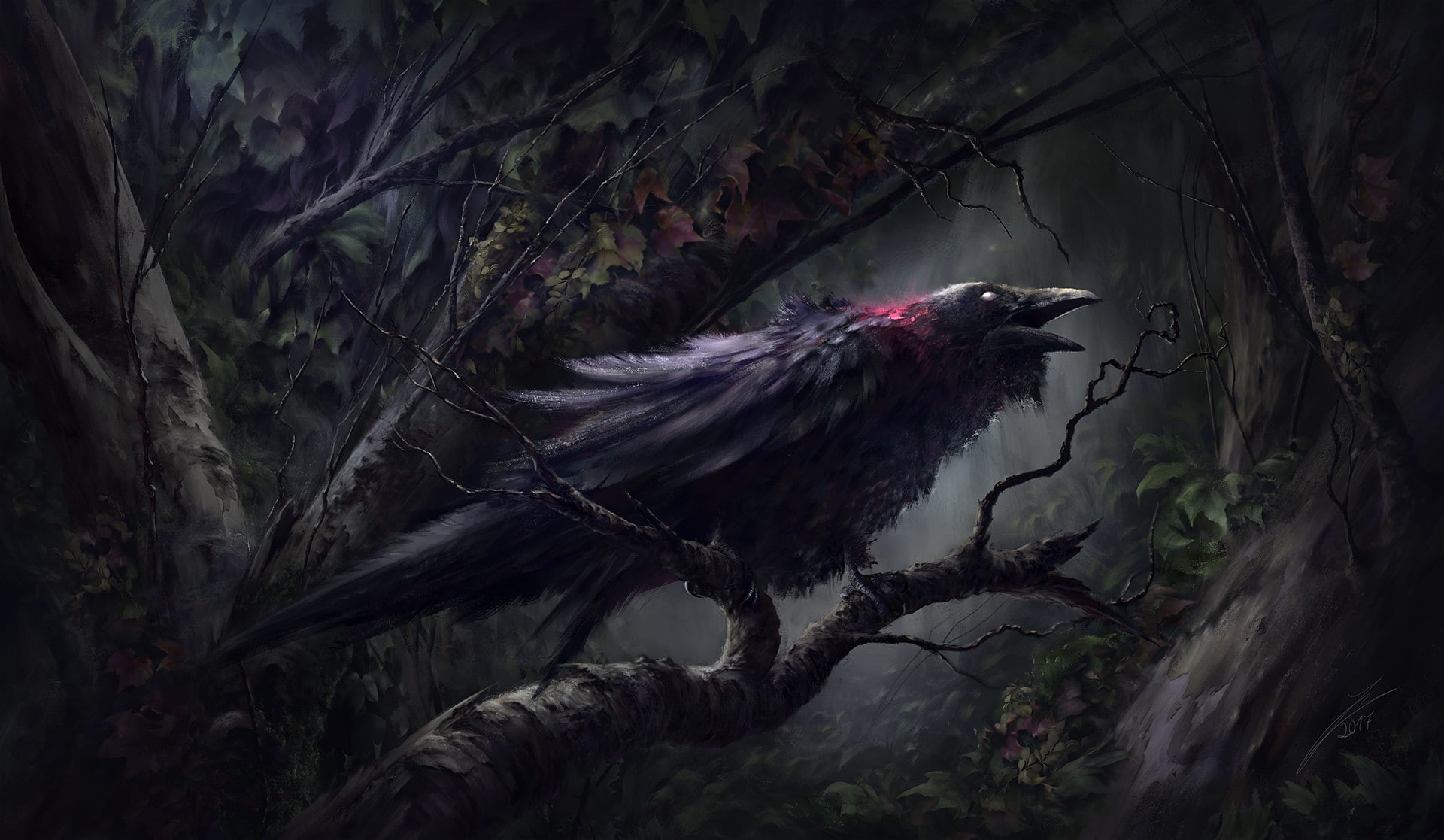 one animal, 1080P, land, outdoors, bird, plant, forest, raven, side view, vertebrate, no people, tree, perching, animal wildlife, animal themes, black color, HD Wallpaper