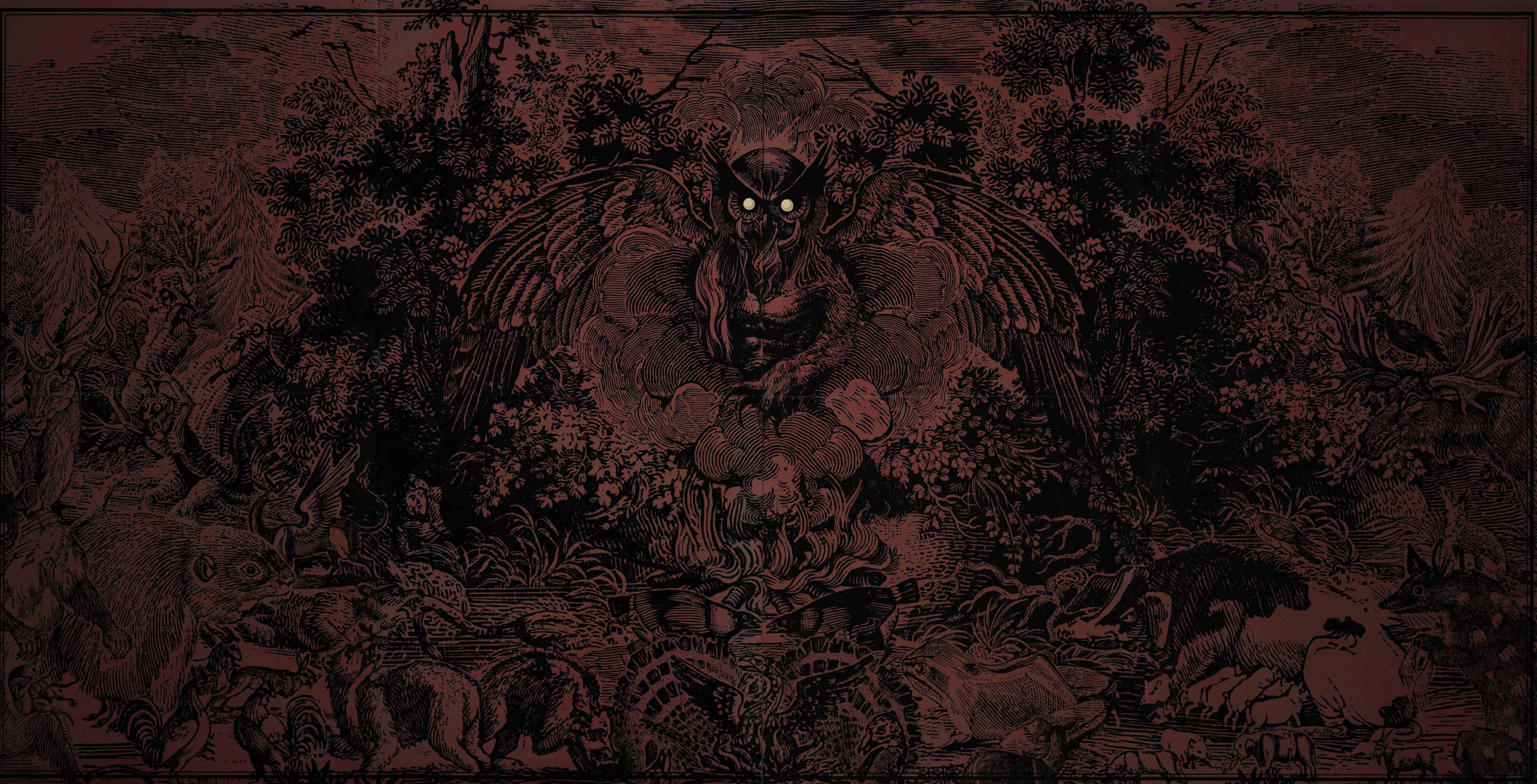 pattern, history, floral, painting, area, art and craft, tree, evil, rug, creativity, no people, red, dark, owl, black, animal body part, portrait, mammal, HD Wallpaper