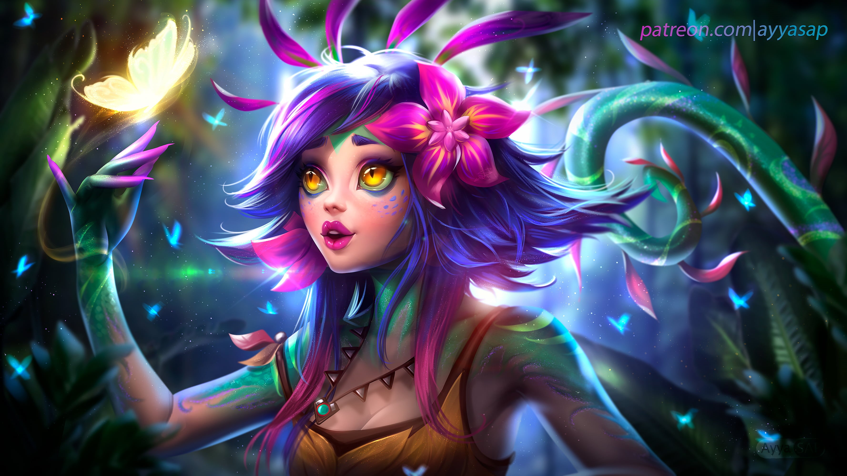 fantasy art, fairies, portrait, drawing, necklace, fan art, video games, 2K, yellow eyes, butterfly, sparks, Ayya Saparniyazova, Ayya Sap, lens flare, HD Wallpaper