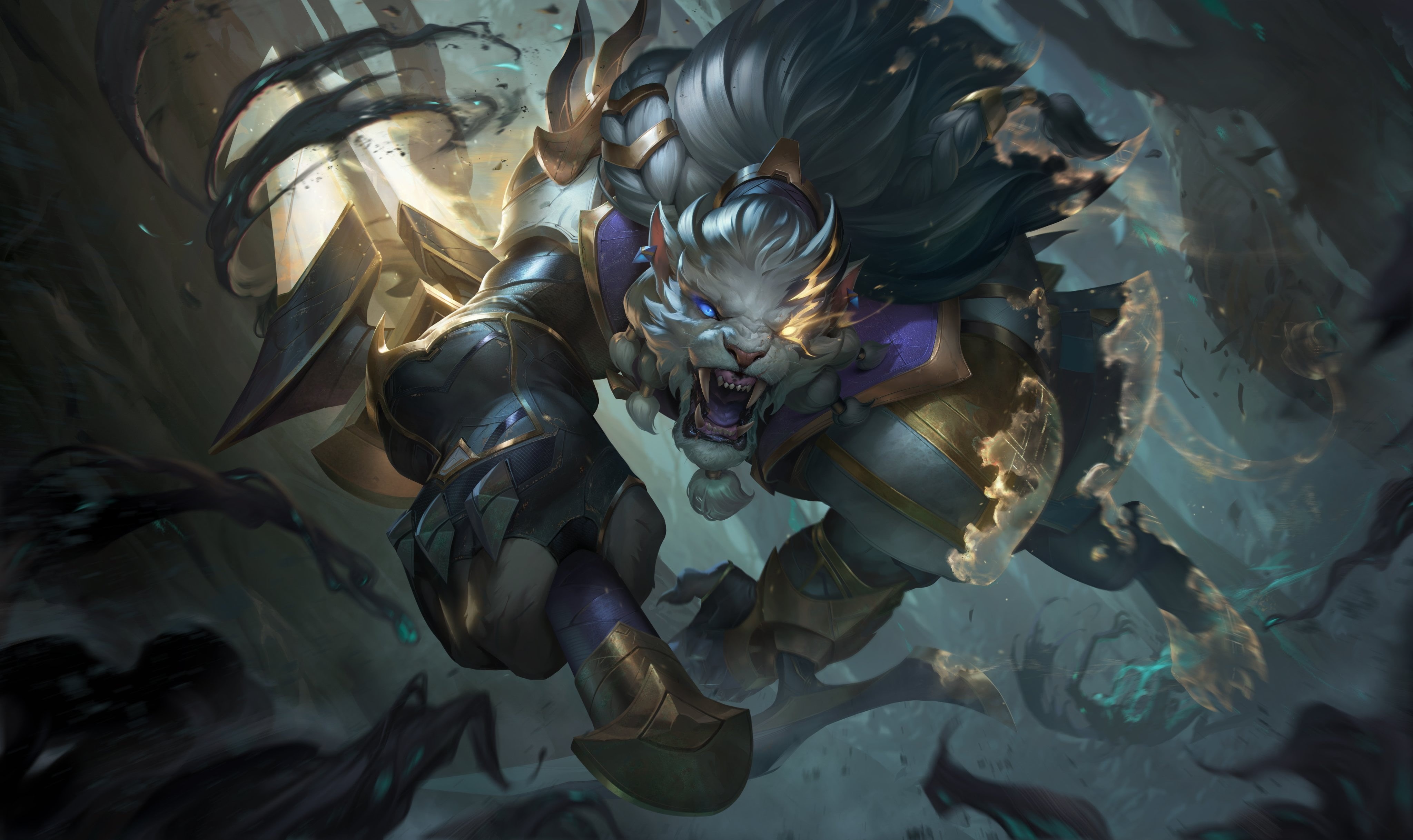 digital art, Riot Games, dagger, lion, 4K, fan art, Ruined, Rengar (League Of Legends), artwork, Sentinel Rengar, illustration, League of Legends, HD Wallpaper