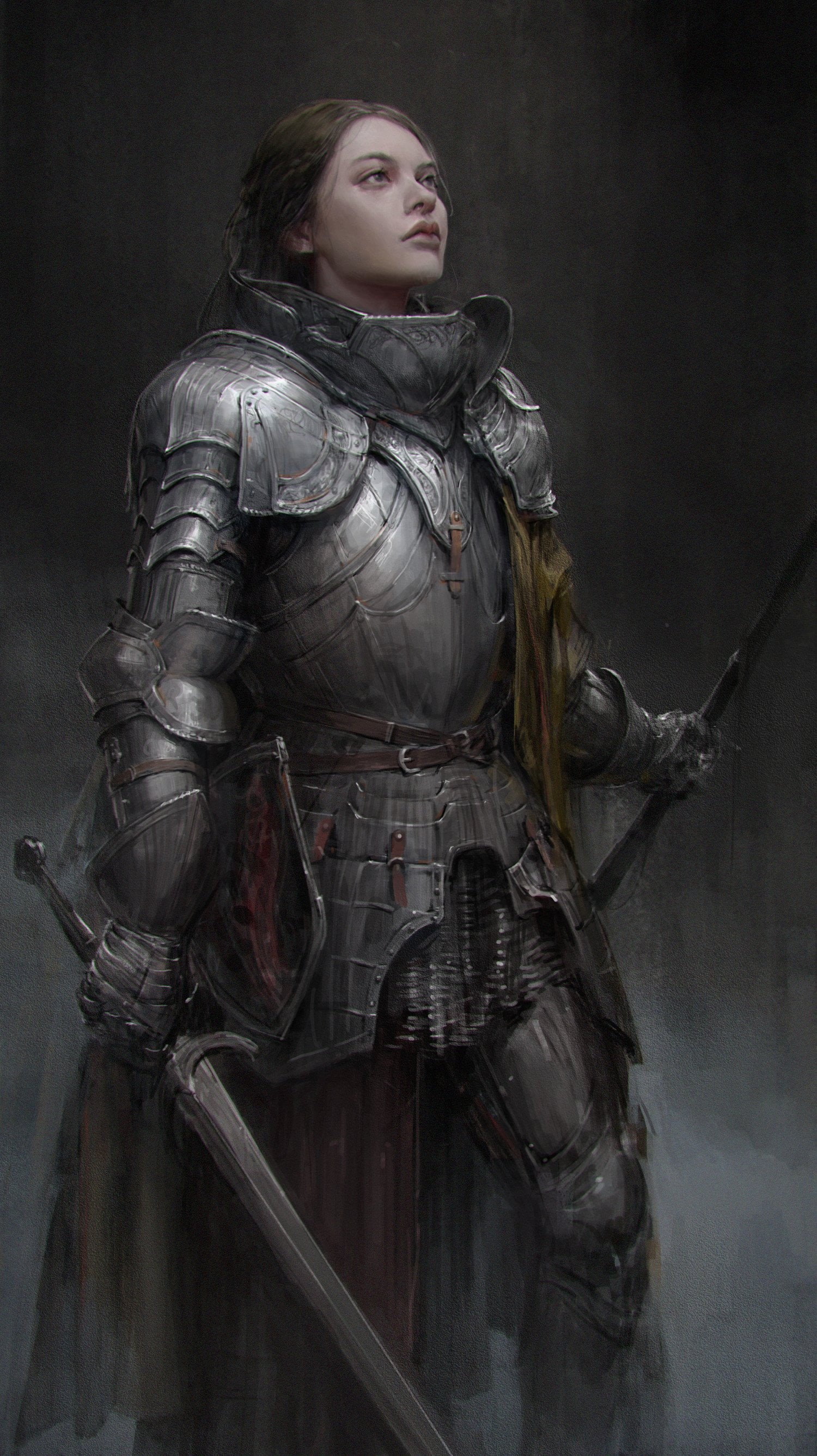 2K, suit of armor, black background, artwork, architecture, security, gray, studio shot, looking up, women, people, the past, weapon, knight, indoors, Phone HD Wallpaper