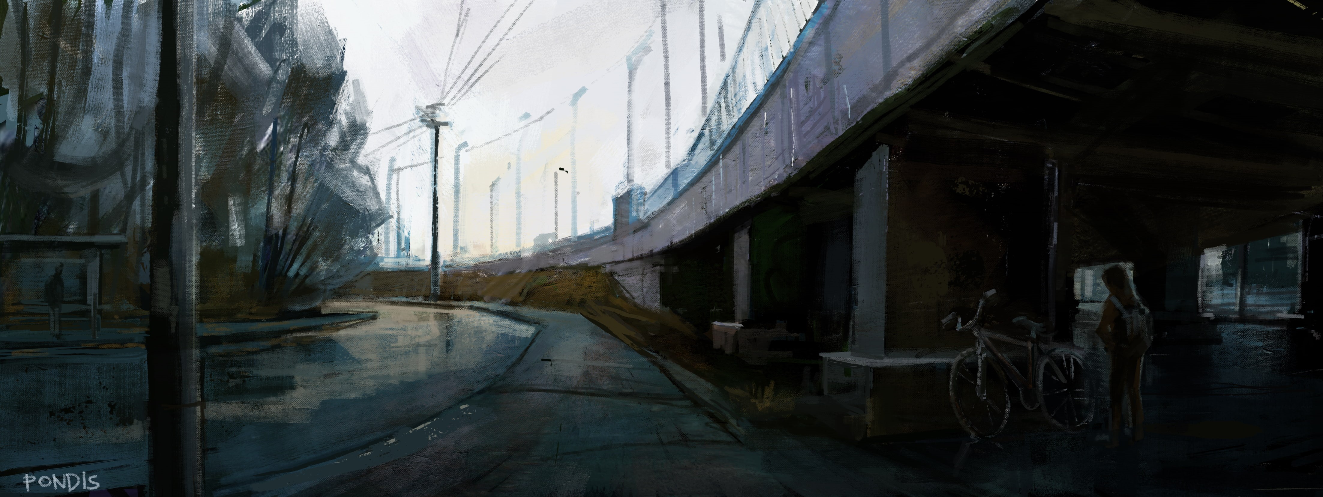 grunge, 4K, painting, street, overpass, HD Wallpaper