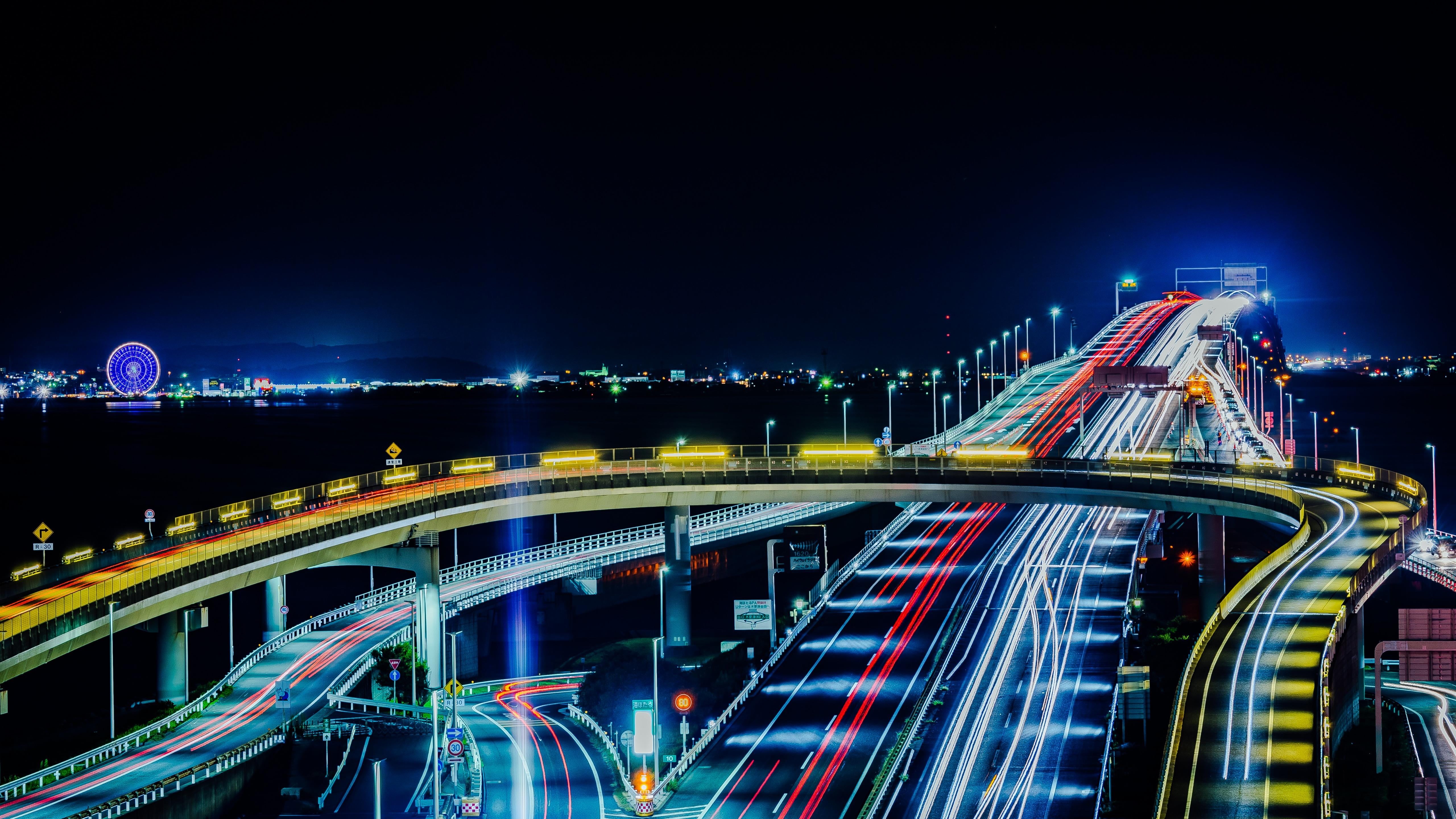 tokyo, urban, night, overpass, tunnel, skyscraper, highway, tokyo bay aqua line, sky, umihotaru, tokyo bay aqua-line bridge, travel destinations, architecture, HD Wallpaper