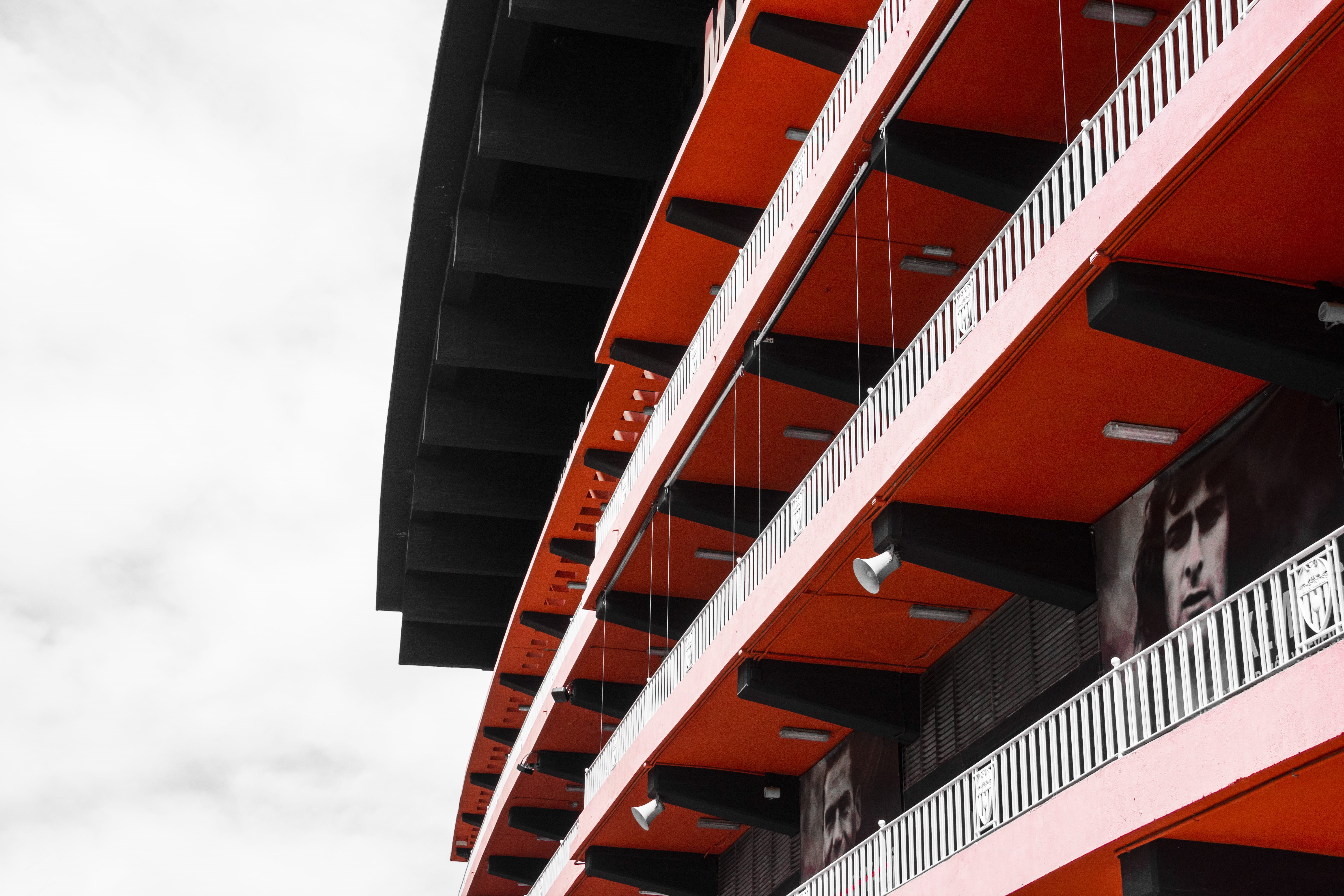transportation, no people, outdoors, spain, overpass, city, bridge - man made structure, girder, building, staircase, architecture, building exterior, red, HD Wallpaper