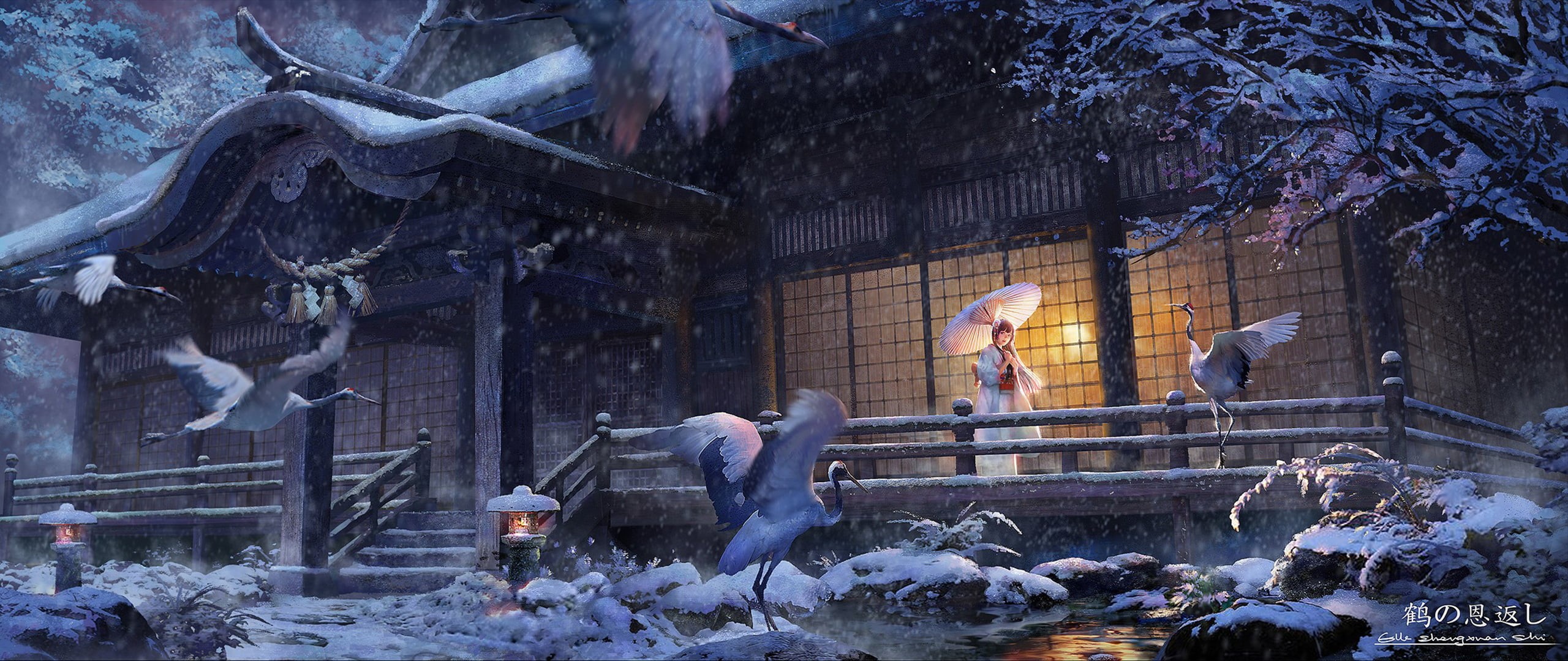 birds, plant, outdoors, nature, tree, building exterior, people, winter, building, real people, ultra-wide, anime girls, 2K, cold temperature, snow, architecture, HD Wallpaper