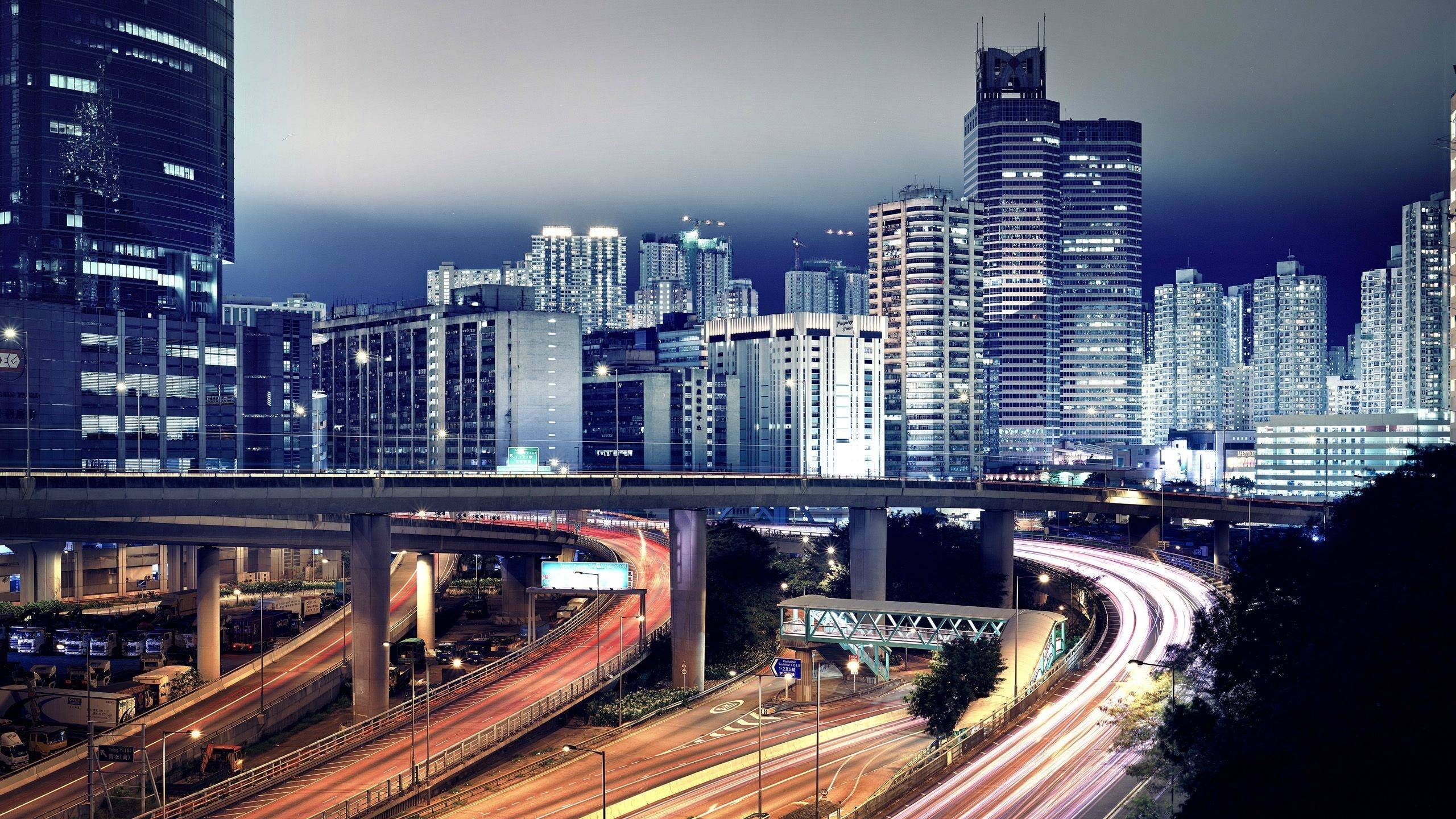 street, cityscape, road, illuminated, highway, multiple lane highway, connection, night, outdoors, long exposure, skyscraper, overpass, no people, modern, HD Wallpaper