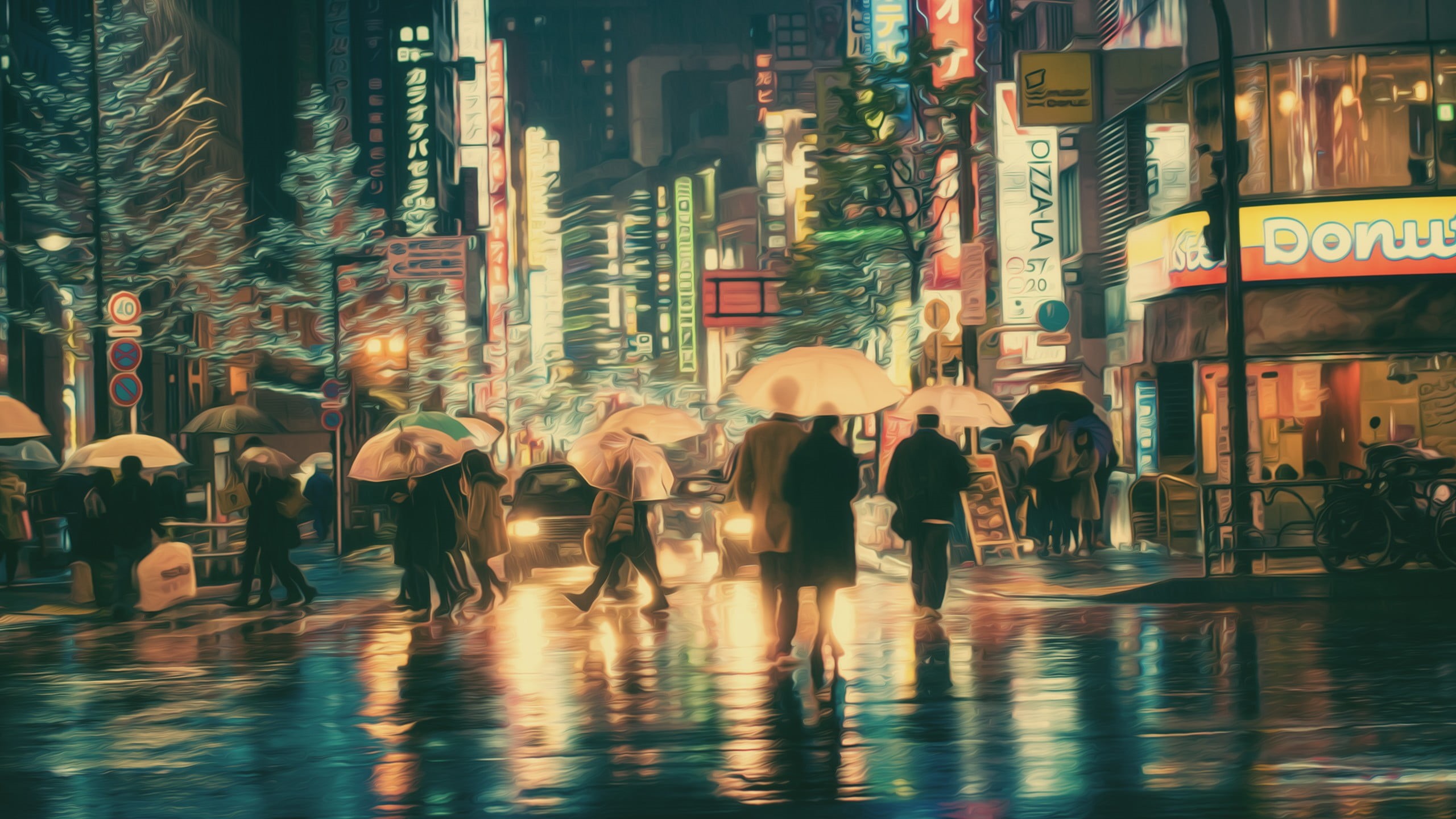 umbrella, neon lights, architecture, motion, rain, wet, photo manipulation, group of people, photography, Masashi Wakui, street, 2K, city, umbrellas, outdoors, HD Wallpaper