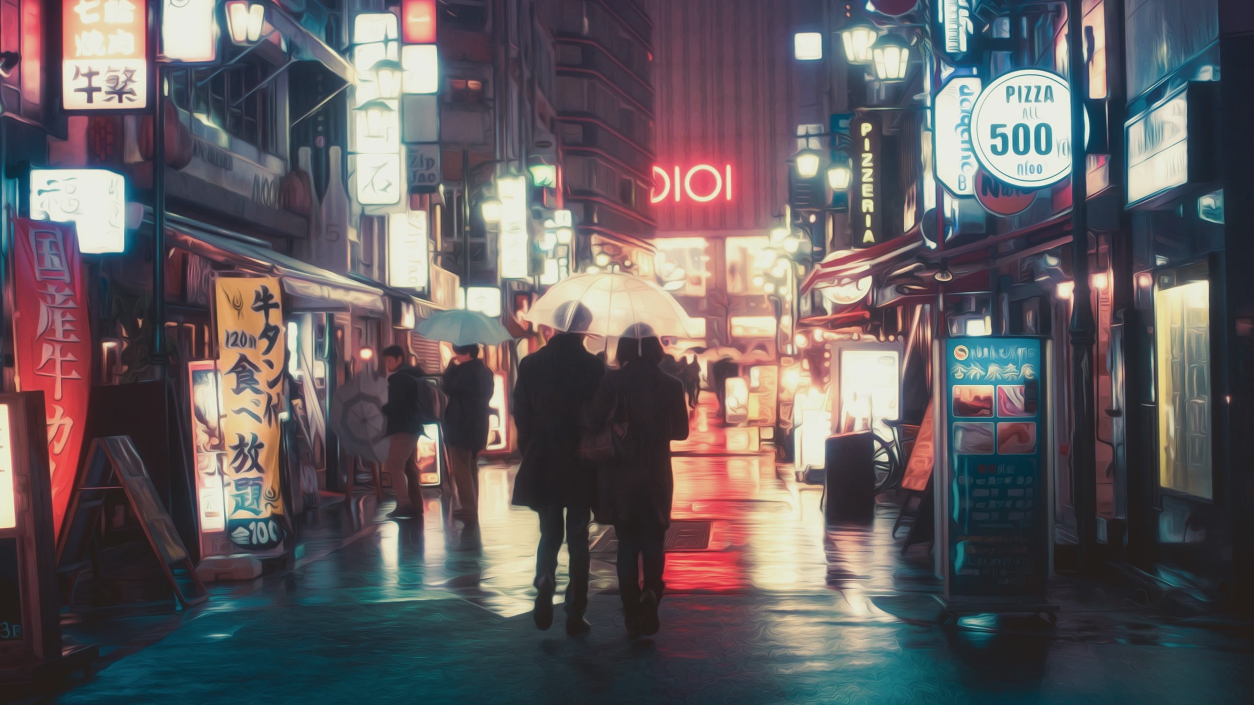 city street, built structure, Masashi Wakui, umbrella, people, street, architecture, illuminated, photo manipulation, women, real people, neon, men, walking, HD Wallpaper